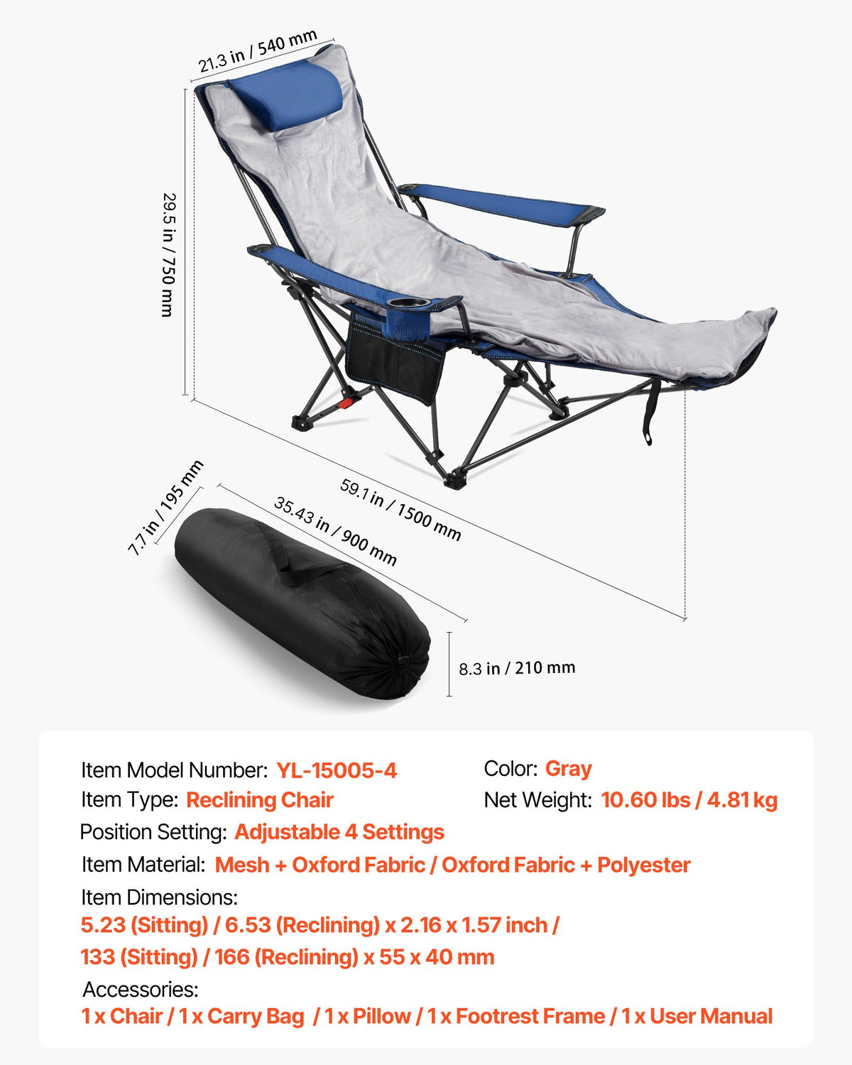 Reclining Camping Chair, 4 Adjustable Positions, Portable Folding Lounger for Adults, Mesh Beach Chair with Footrest & Plush Cushion, Supports 220 lbs, Heavy Duty Camp Chairs for Patio, Blue