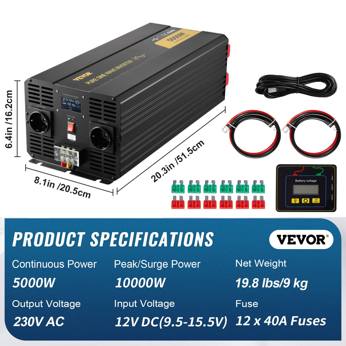 Ren sinusvågsväxelriktare, 5000 watt, strömomvandlare, DC 12V till AC 230V bilväxelriktare med LCD-skärm USB-port och fjärrkontroll, strömomvandlare för bil, husbil, lastbil, solsystem, resor, camping
