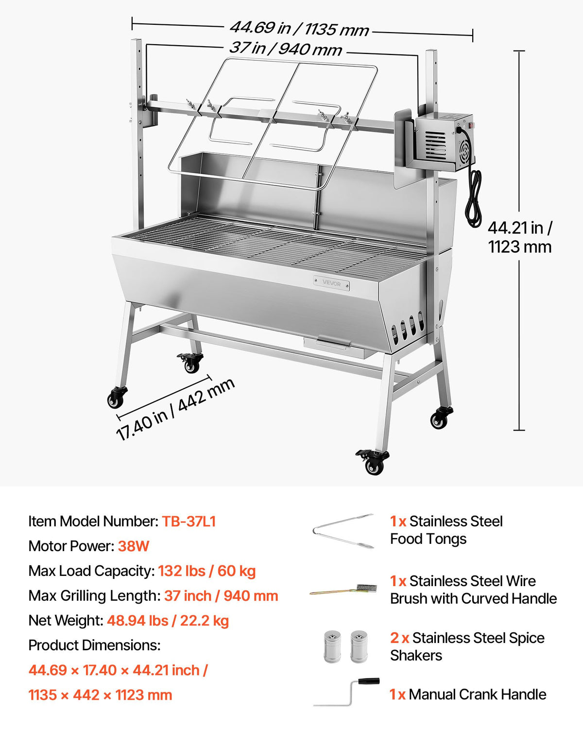 Rotisserie Grill, 38W BBQ Outdoor Pig & Lamb Spit Roaster, Charcoal Spit Roaster with 60 kg Load Capacity & 7-Level Height, Stainless Steel Electric Rotisserie Grill Kit for Camping Outdoor