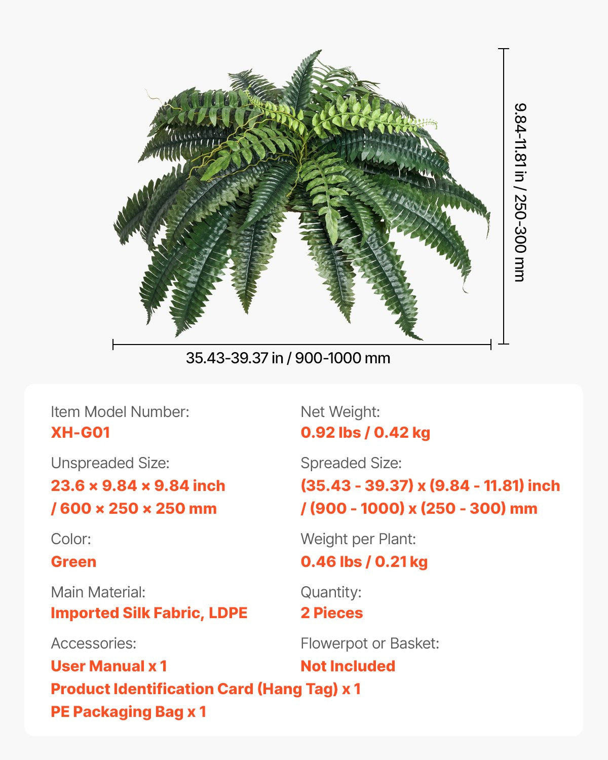 Konstgjorda ormbunkar 2 st, naturlig spridning diameter 35-39 tum, stora hängande konstgjorda Boston-ormbunkar, konstgjord växt väggdekoration med 35 grenar, konstgjord ormbunke för hem och kontor (blomkruka ingår ej)