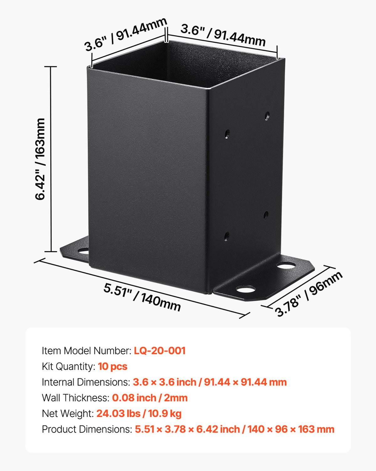 4x4 stolpbas 10 st, innerstorlek 3,6x3,6 tum / 91,44x91,44 mm stolpfästen, kraftiga däckstolpar i kolstål, trästolpfästen för paviljongdäck, stöddäcksbasplatta, svart