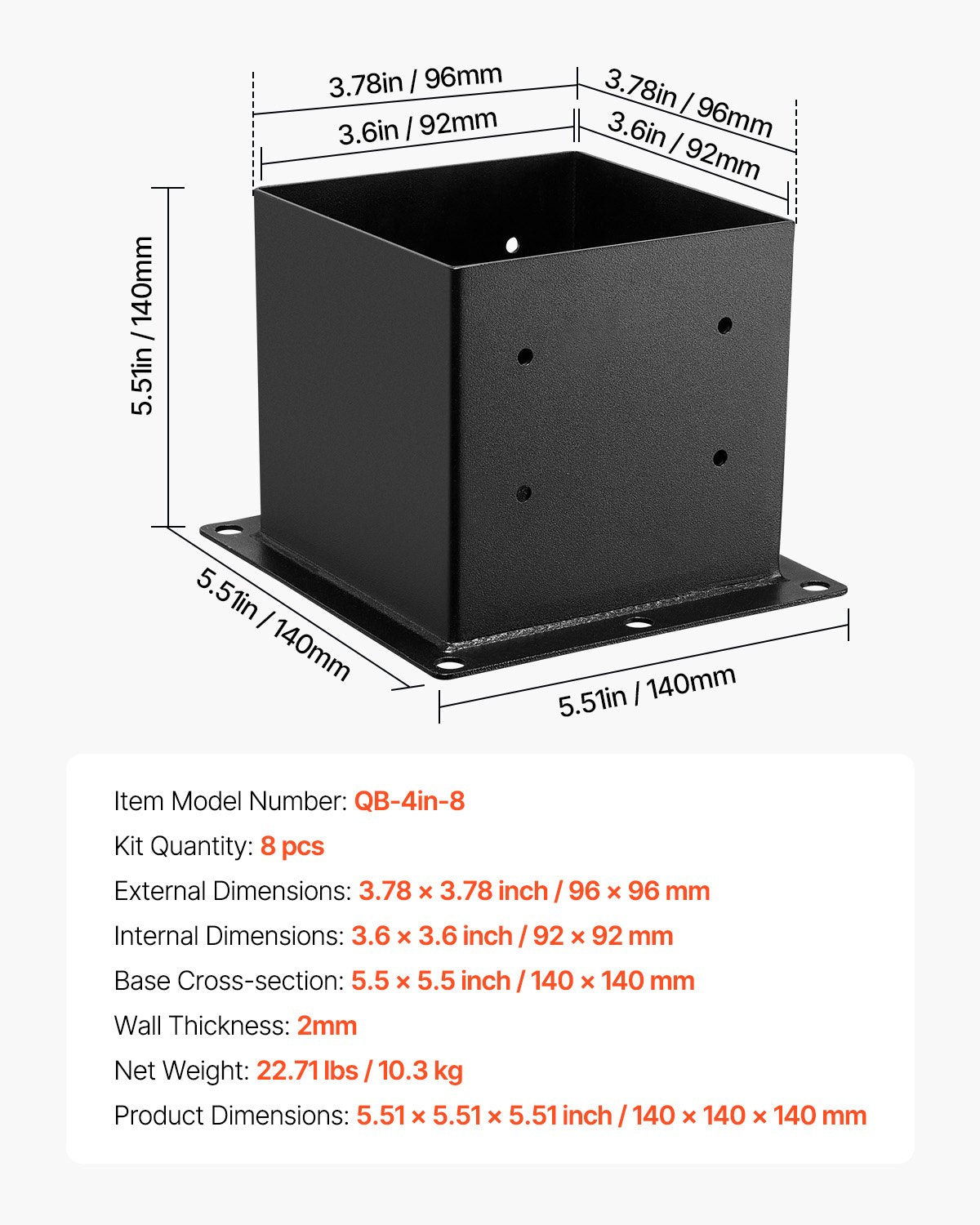 4x4 stolpbas 8 st, innerstorlek 3,6x3,6 tum / 92x92 mm stolpfästen, kraftiga däckstolpar i kolstål, trästolpfästen för paviljongdäck, stöddäcksbasplatta, svart
