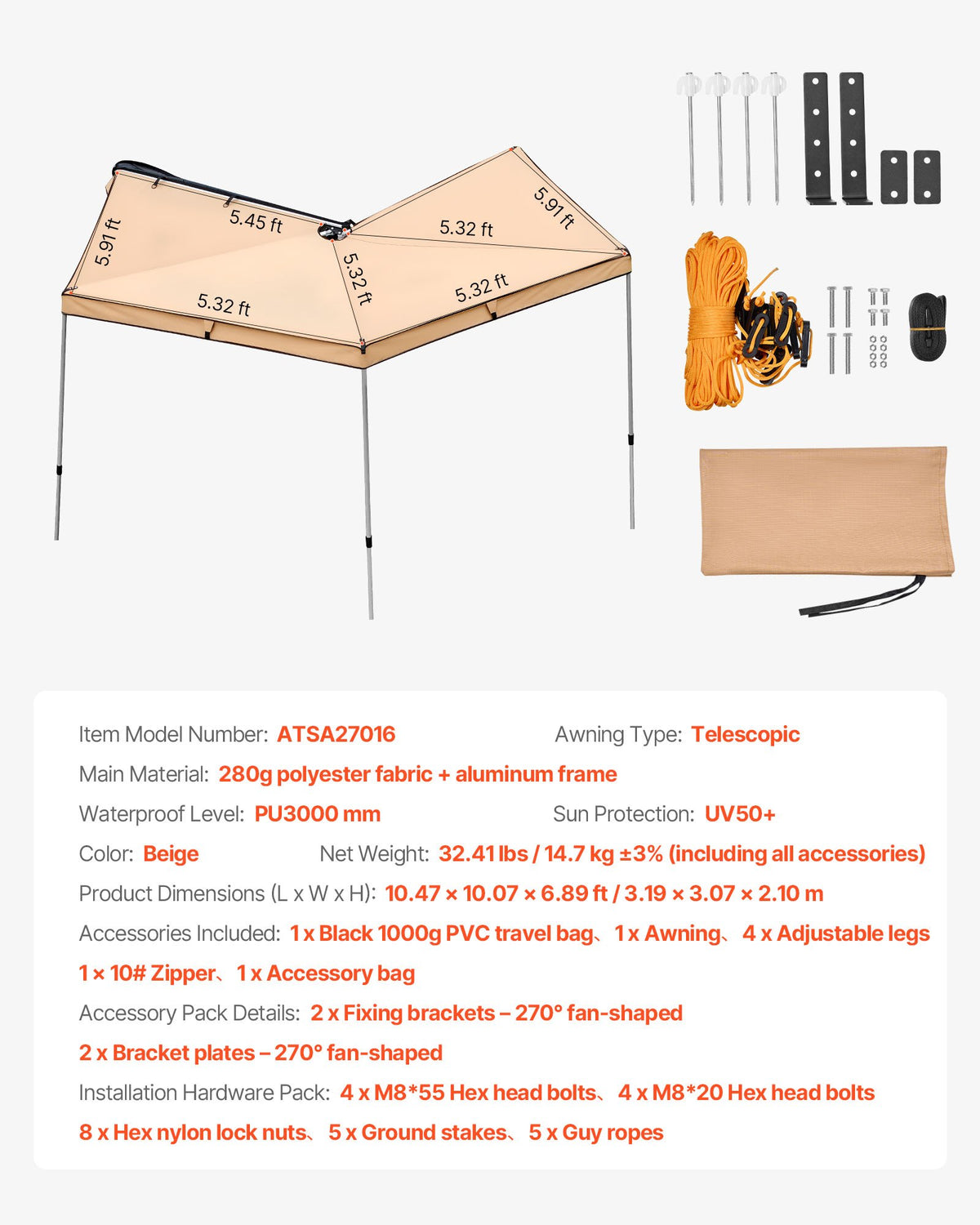 270 Degree Awning, 4.9 ㎡ Driver Side Vehicle Awning, Waterproof UV50+ Car Side Awnings with Carry Bag, All-Weather Free-Standing Overland Awnings Car Shelter for SUV Van Truck Camping