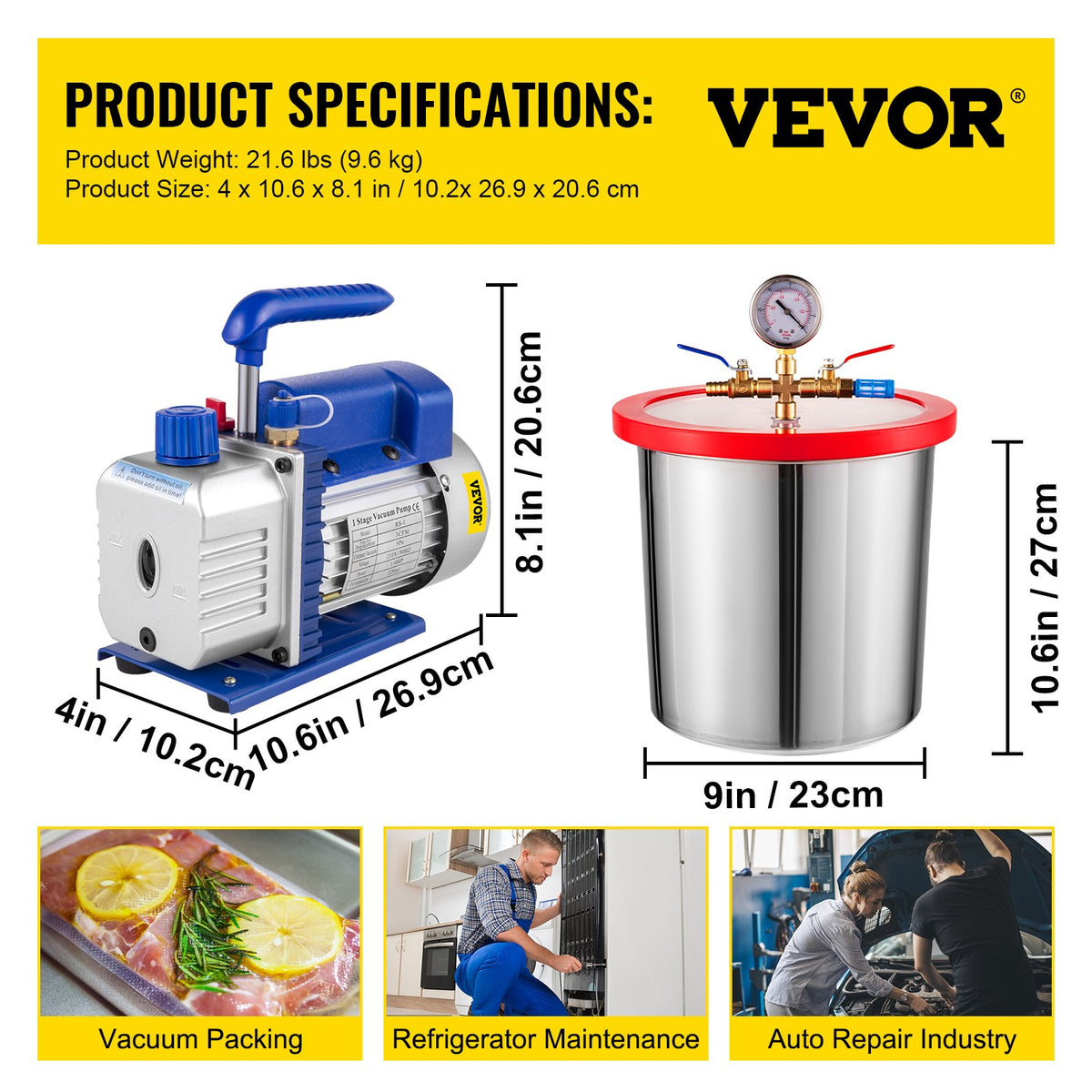 3 CFM 1/4HP enstegsvakuumpump, 3 gallon (13 liter) vakuumkammarsats, HVAC A/C-kylsats