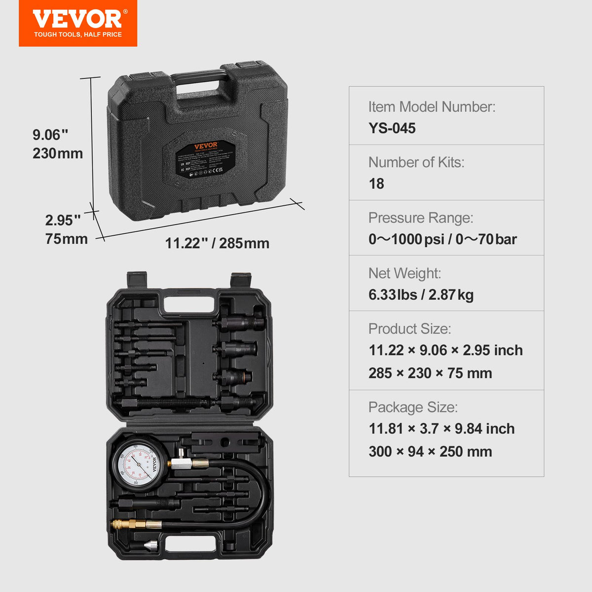 Diesel Engine Compression Tester, 18 pcs Cylinder Pressure Test Tool Kit, with 0-1000 psi Gauge and Adapters, Diesel Injector Tester Check Cylinders in Diesel Trucks, Tractors, Equipment
