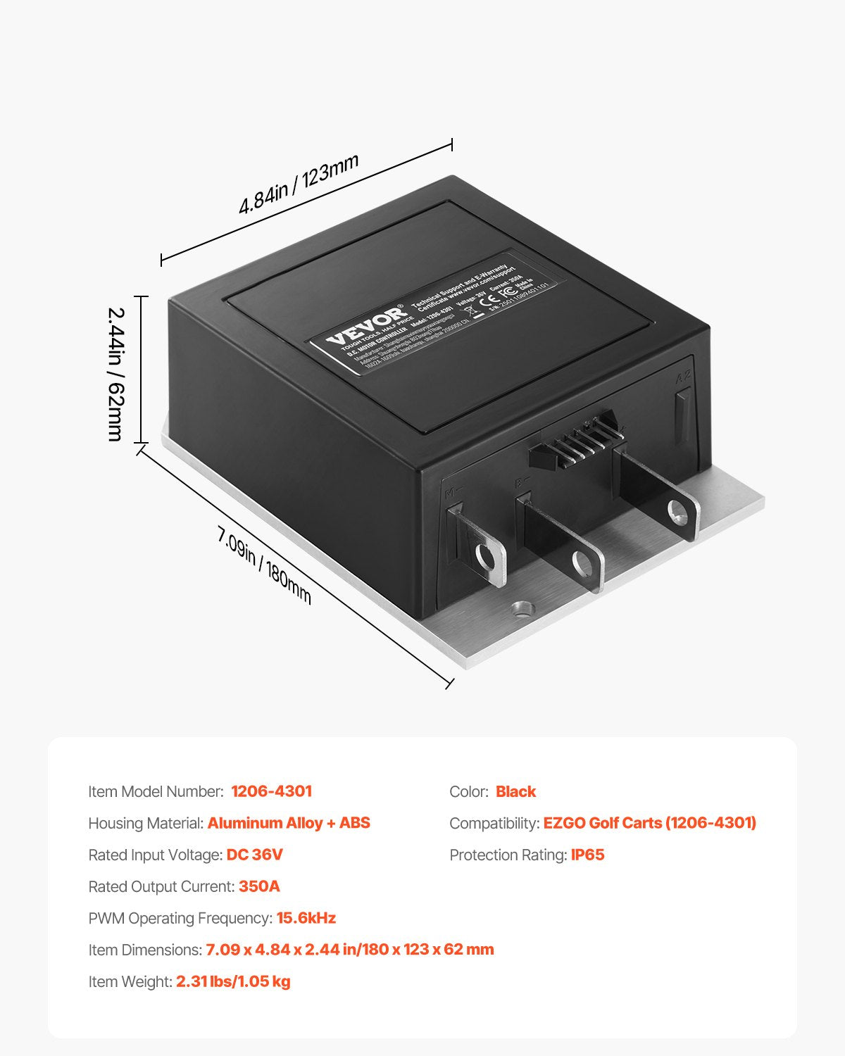 Golfbilshastighetsregulator, 36V och 350A, DC-motorstyrningsersättning för 1994-2019 EZGO golfbilar, IP65-klassat skydd, aluminiumlegering och ABS-hölje, kompatibel med 1206-4301-modellerna