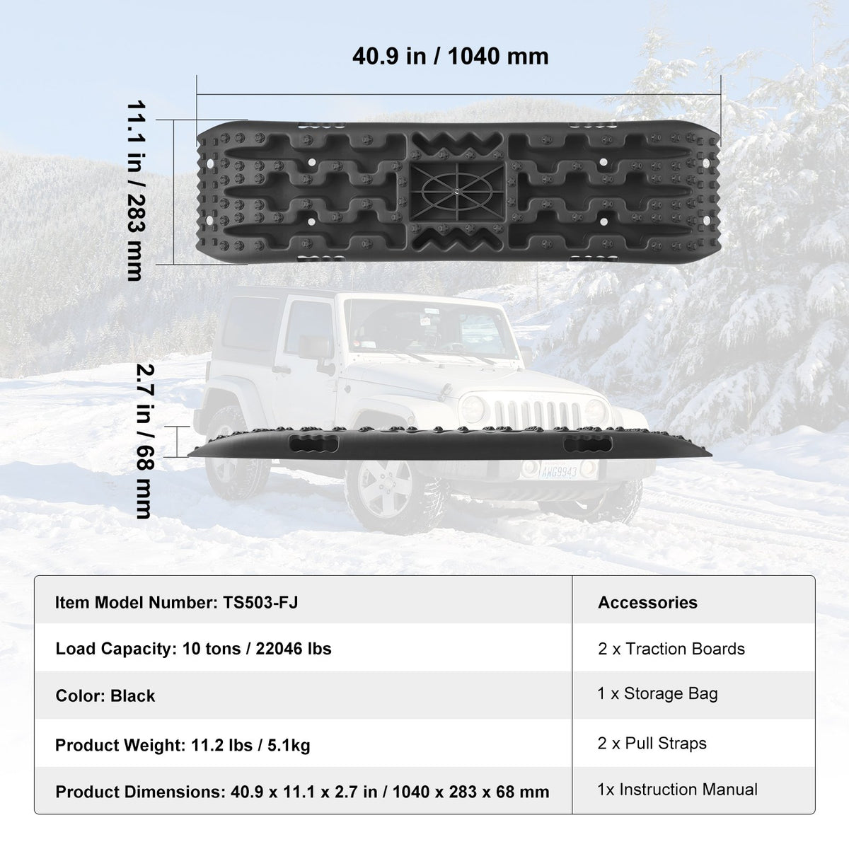 10 tons dragbrädor med PP-material, bärgningsbrädor för terrängfordon/bilar/pickuper/SUV/husbilar, par däckdragningsmattor på snö, sand, lera och lös terräng, förvaringsväska, lång, svart