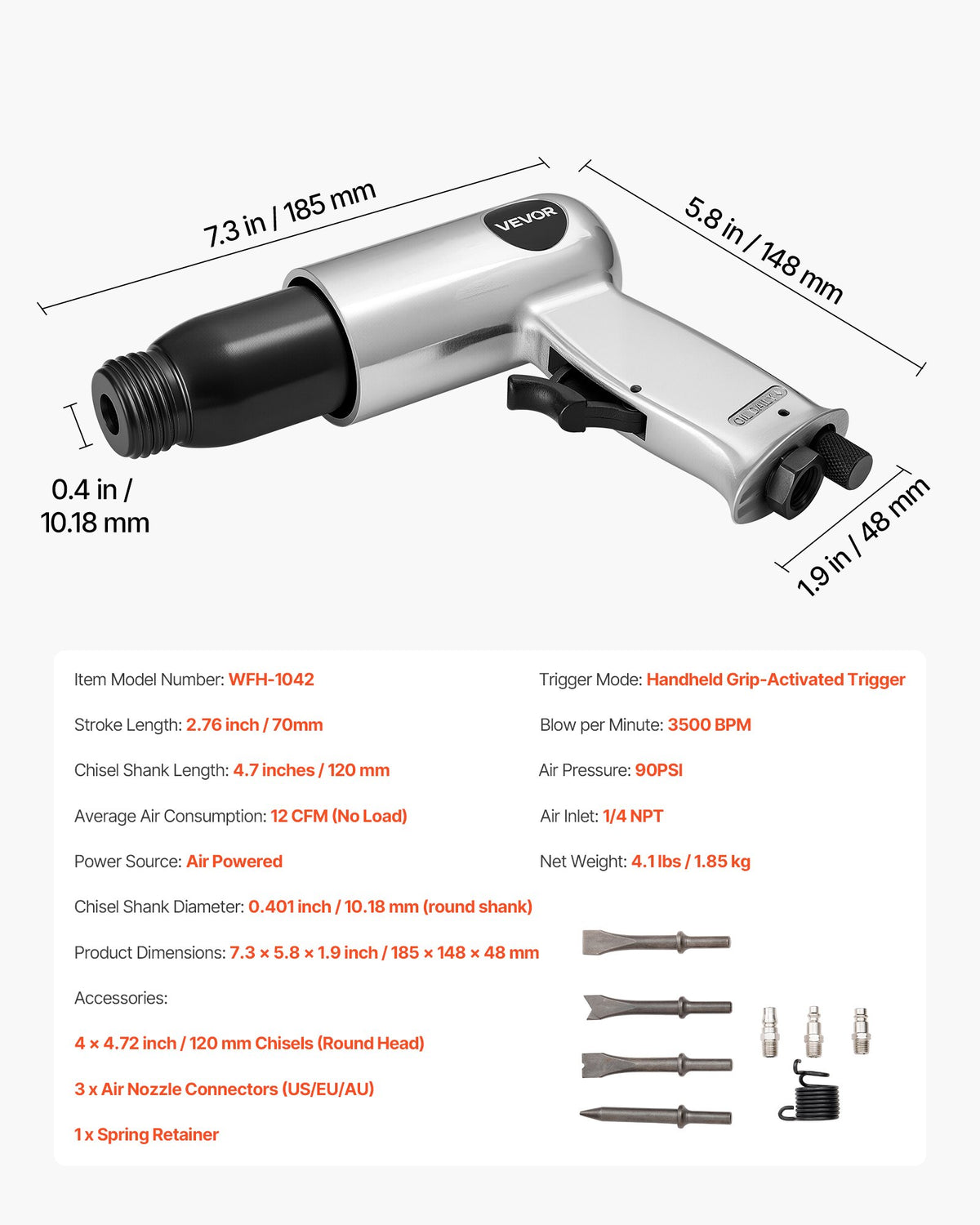 Air Hammer, 3500BPM Pneumatic Hammer with 70mm Stroke & 4PCS Chisels Round Shank, Pistol-Grip Compact Air Chisel Pneumatic Shovel Tool for Cutting Punching Scraping