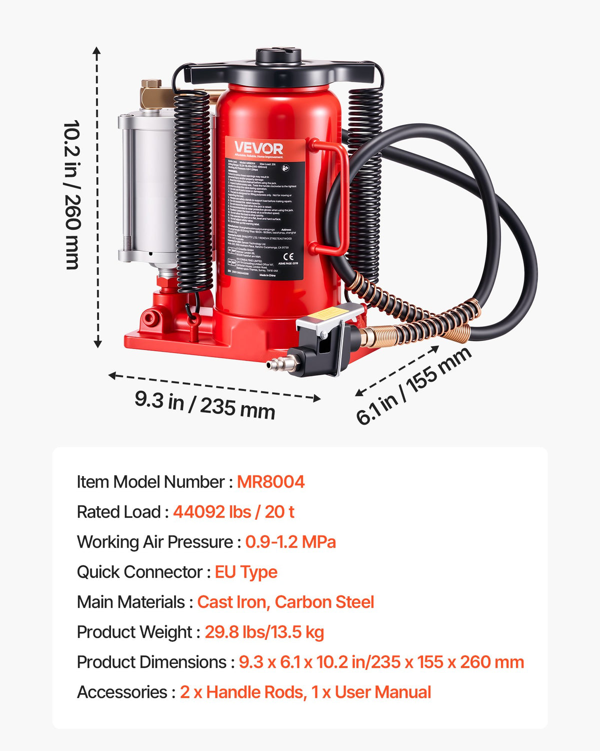 Air Hydraulic Bottle Jack, 20 Ton Load Capacity, 260-495 mm Lifting Range, Pneumatic/Manual Heavy Duty Welded Bottle Jack with Pump for Car, Pickup, Truck, RV, SUV, Auto Repair, House Lift, Red