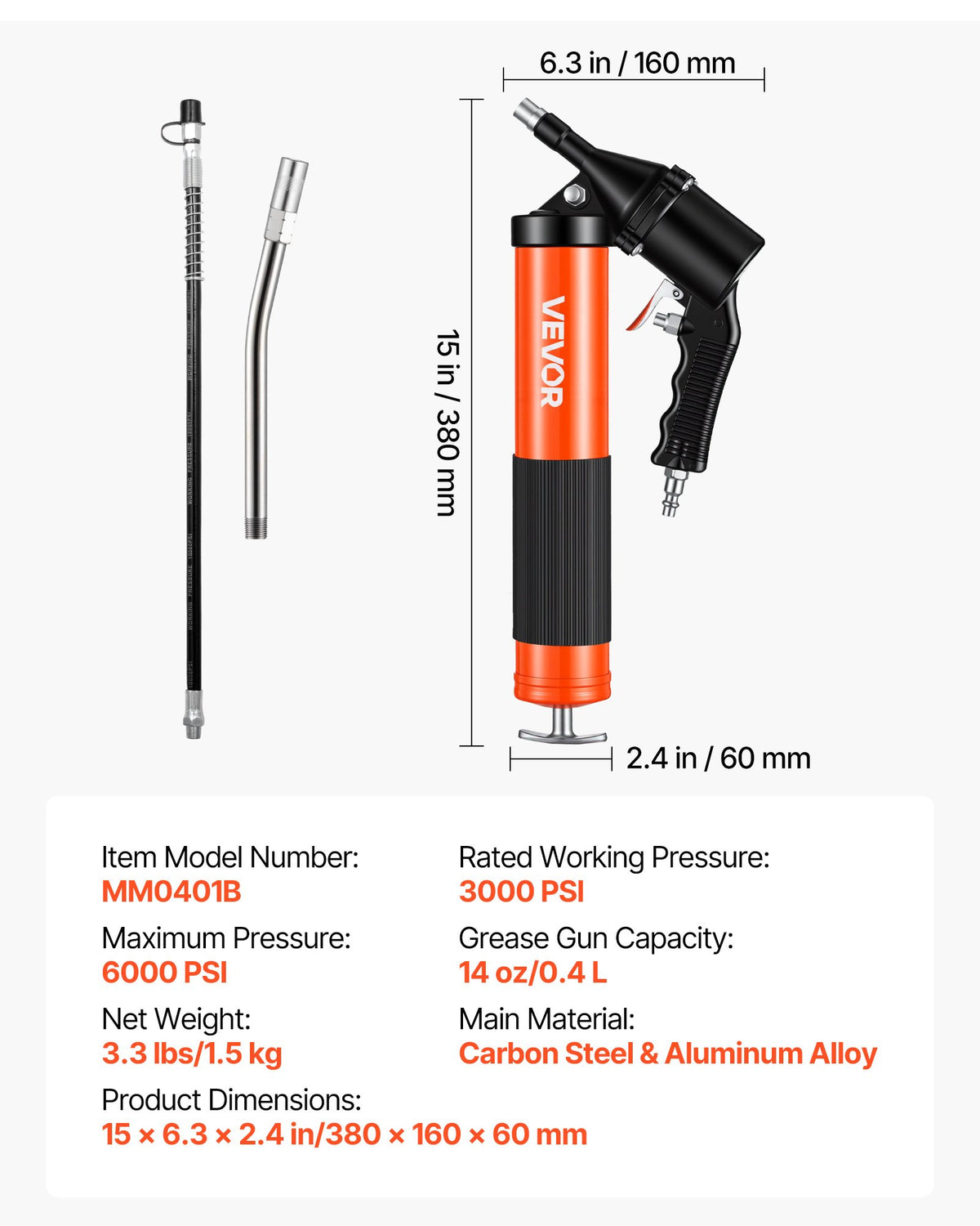 Grease Gun, 6000 PSI High Pressure, Heavy Duty Pistol Grip Grease Gun Kit with 0.4 L Capacity, Includes 45.7 cm Flex Hose, 1 Extension Rigid Pipe and 2 Flat Nozzles for Automotive, Marine