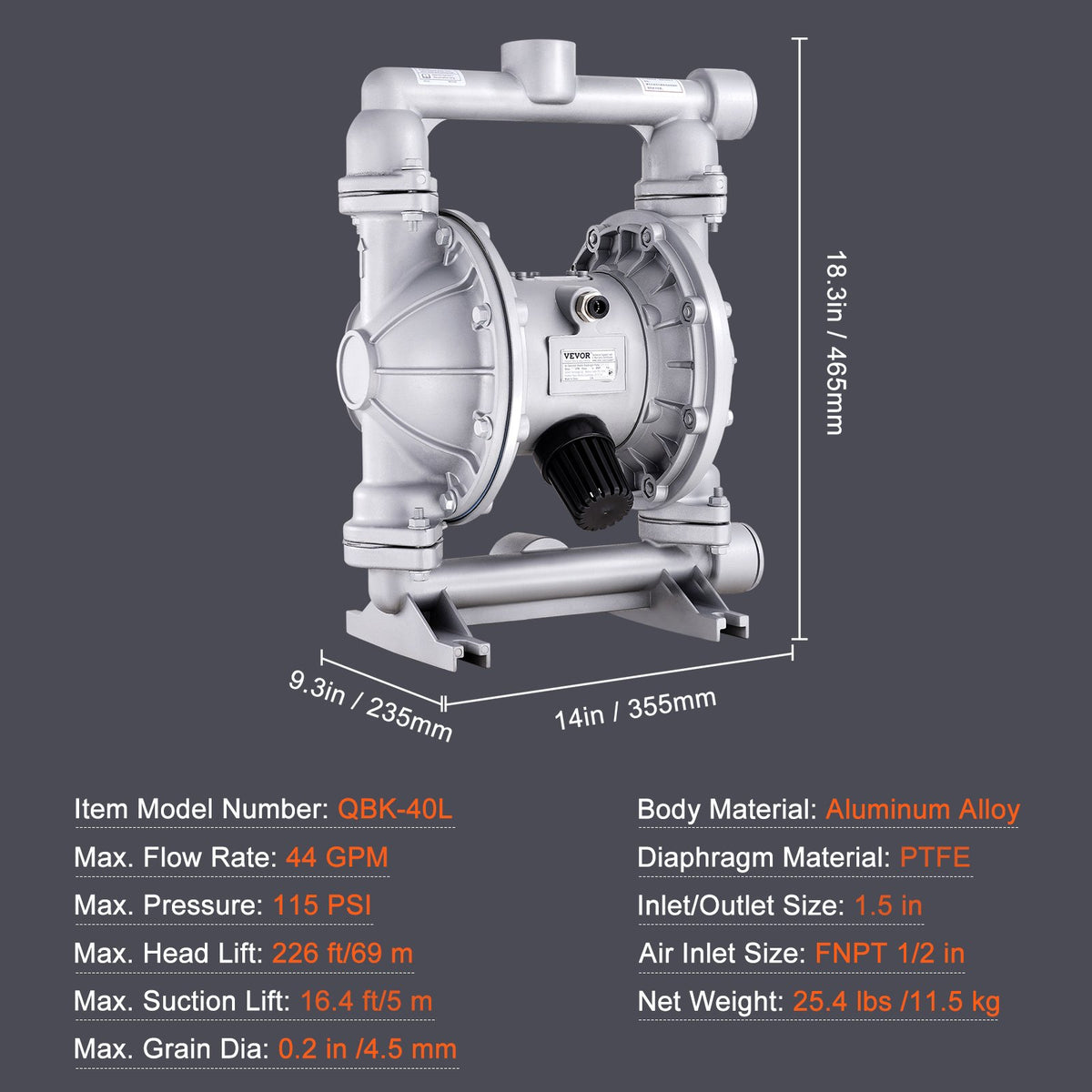 Luftdriven dubbelmembranpump, 44 GPM, max 115 PSI luft- och spilloljepneumatisk överföringspump med 2 extra membran, 3,8 cm inlopp och utlopp Membranpump i aluminiumlegering för diesel, fett och olja