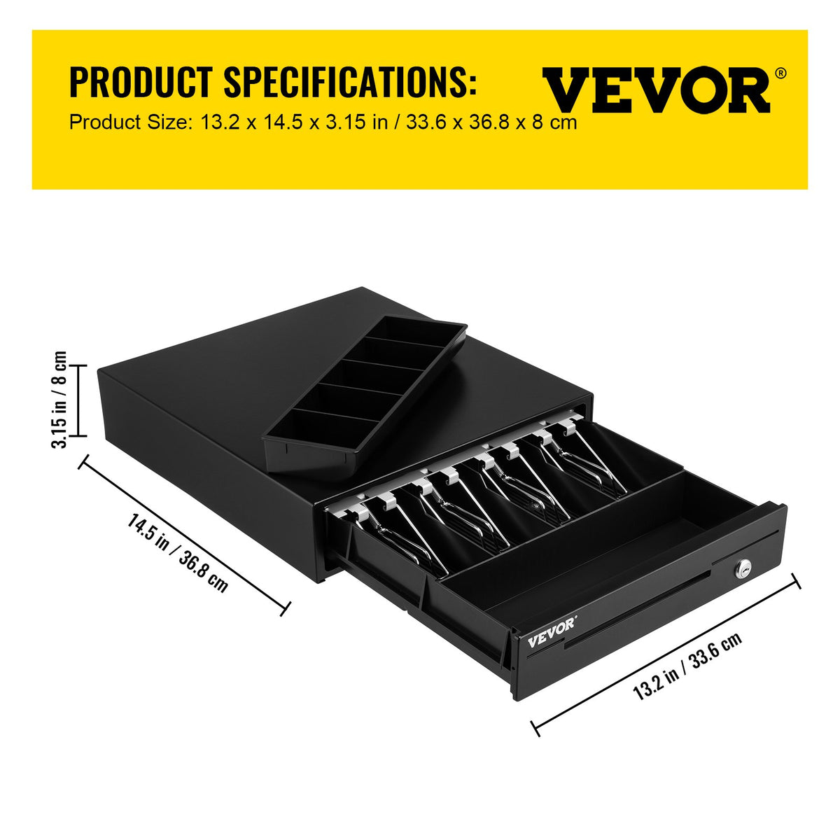 Cash Register Drawer, 33 cm 12 V, for POS System with 4 Bill 5 Coin Cash Tray, Removable Coin Compartment & 2 Keys Included, RJ11/RJ12 Cable for Supermarket, Bar, Coffee Shop, Restaurant