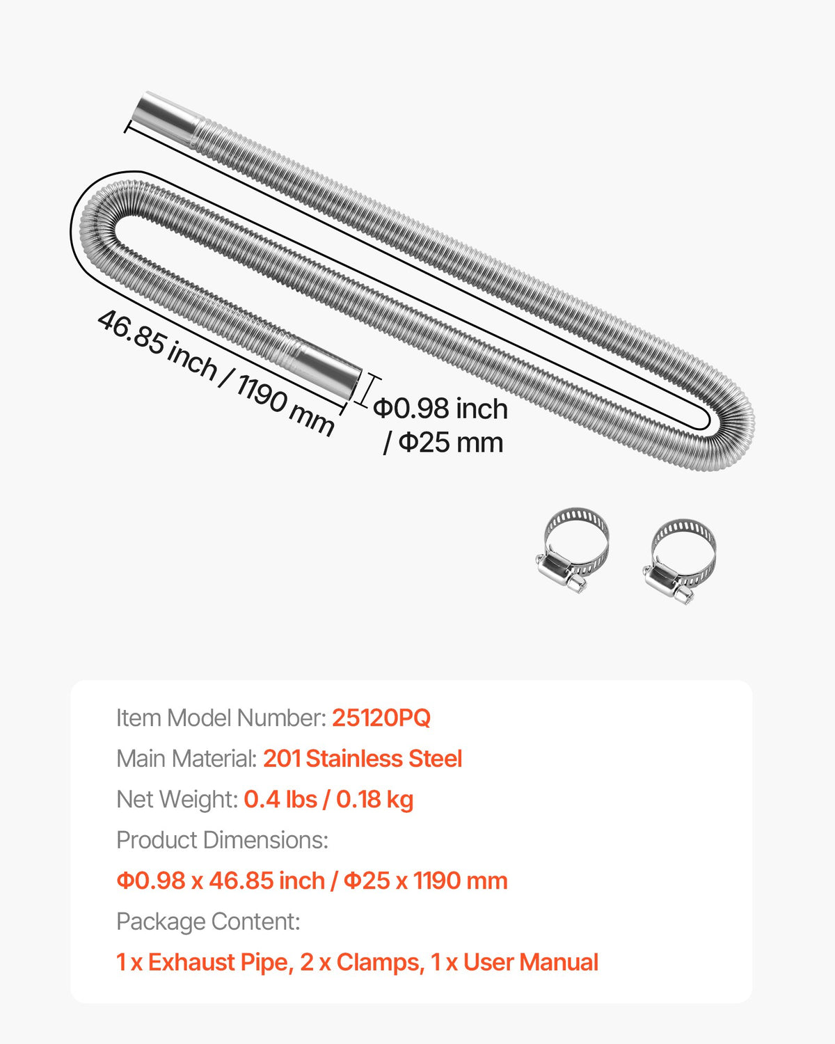 Avgasslang, 1200 mm dieselvärmare, flexibelt avgasrör, avgasslang i rostfritt stål med 2 slangklämmor, avgasslangsats, tillbehör till dieselvärmare för 2 kW, 5 kW, 8 kW dieselvärmare