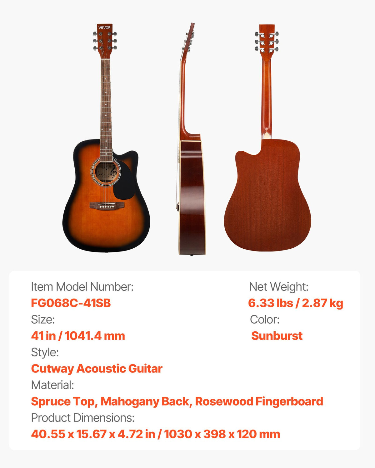 104,4 mm (41 tum) Cutway akustisk gitarr gigbag för nybörjare, vuxen, Sunburst