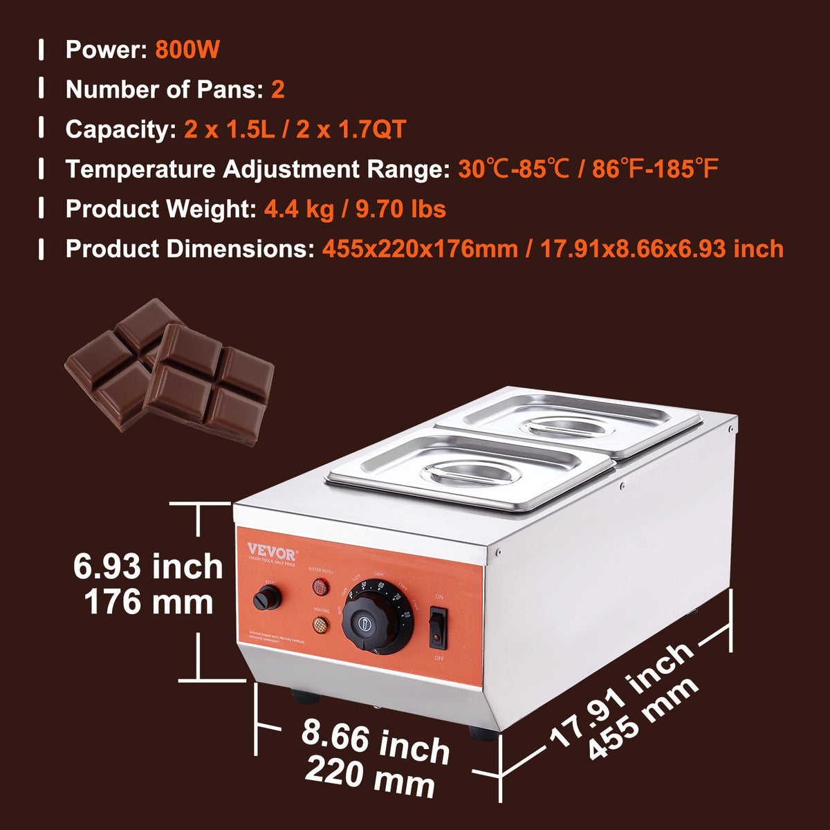 Chokladtempereringsmaskin Chokladsmältdegel 4,1 kg 2 tankar
