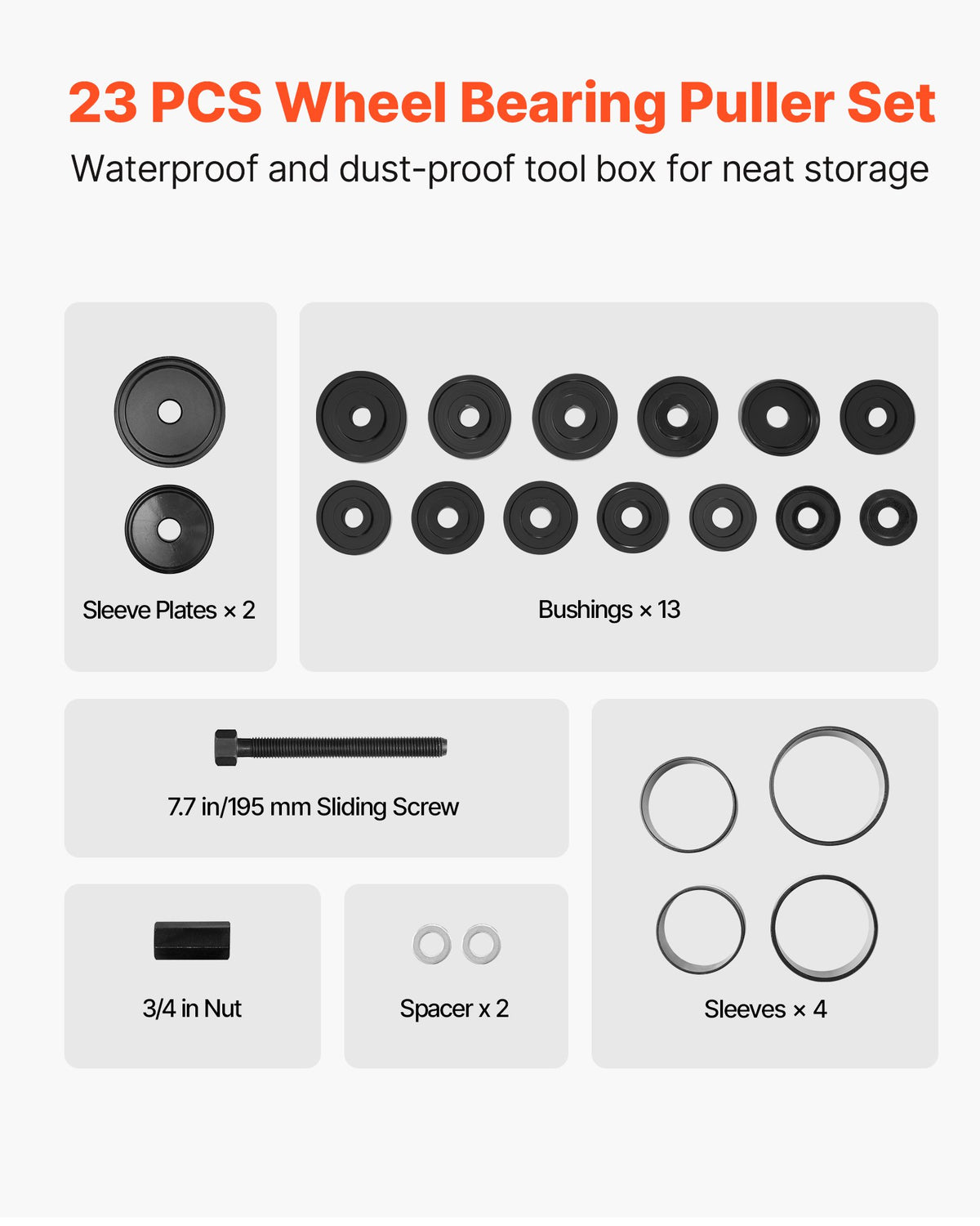 Wheel Bearing Press Kit, 23 PCS FWD Bearing Puller Tools, for Front Wheel Drive Bearing Removal and Installation, Wheel Bearing Tool with Sliding Screw, Bushings, Sleeve Plates, Storage Case