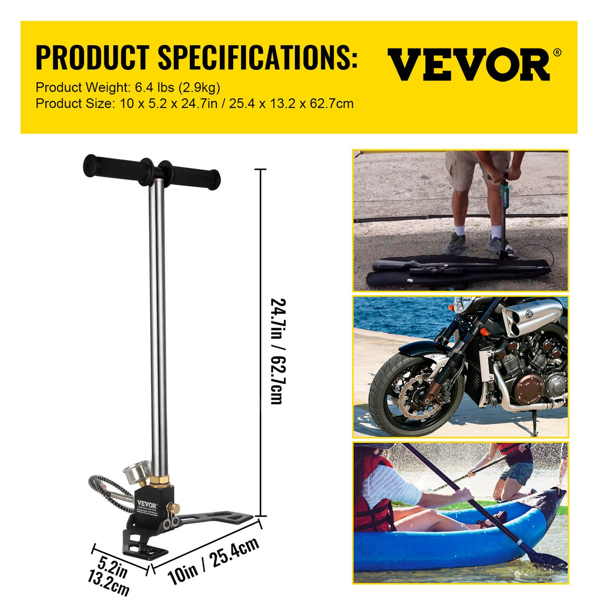 3-stegs handpump för stigbygel 4500 psi (0-30 MPa) luftgevärspump gevärspåfyllning stigbygelladdare PCP handpump luftgevär med högkvalitativt 301 rostfritt stål