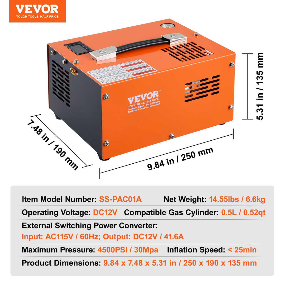PCP-luftkompressor, 4500PSI/30Mpa bärbar PCP-luftgevärskompressor med extern omvandlare, DC12V, AC230V | Olje- och vattenfri | Manuellt avstängd luftgevärs-, paintball- och dykflaskkompressorpump