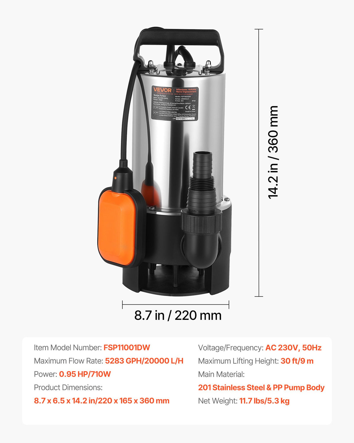 710W dränkbar sumppump, 20000 l/h, dränkbar avloppspump i rostfritt stål för smutsigt rent vatten med automatisk flottörbrytare, lång sladd, 9 m maxlyft, för pooler, trädgård, dammar, översvämmade områden