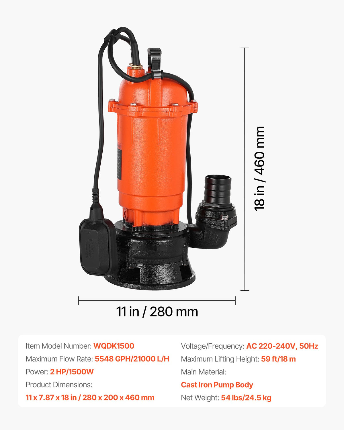 1500W dränkbar avloppspump, 21000 l/h, dränkbar avloppspump i gjutjärn med automatisk flottörbrytare, 18 m maxlyft, dränerar smutsigt rent vatten, för pooler, trädgårdar, dammar, översvämmade områden
