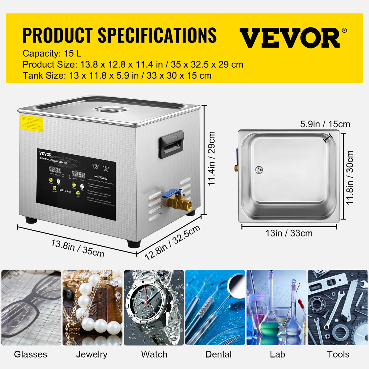 15L uppgraderad ultraljudsrengörare (600W värmare, 360W ultraljud) Professionell digital ultraljudsrengörare för laboratoriedelar med värmetimer för rengöring av glasinstrument