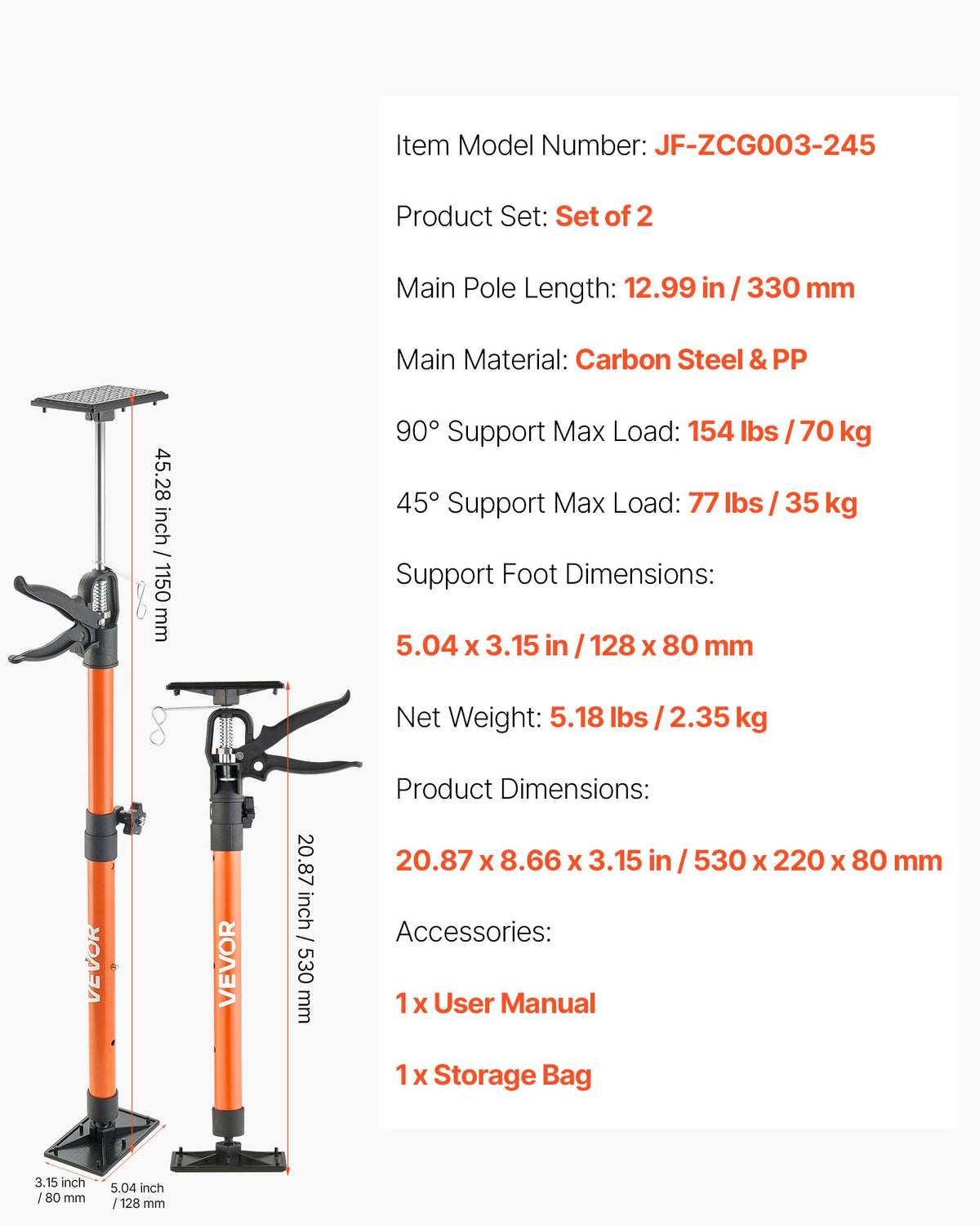 Cabinet Jack Support Pole, 2-Pack, 54-155 cm Steel Telescopic Quick Support Rod, Adjustable 3rd Hand System up to 70 kg Capacity for Installing Cabinets, Lifting Drywall, Cargo Bars