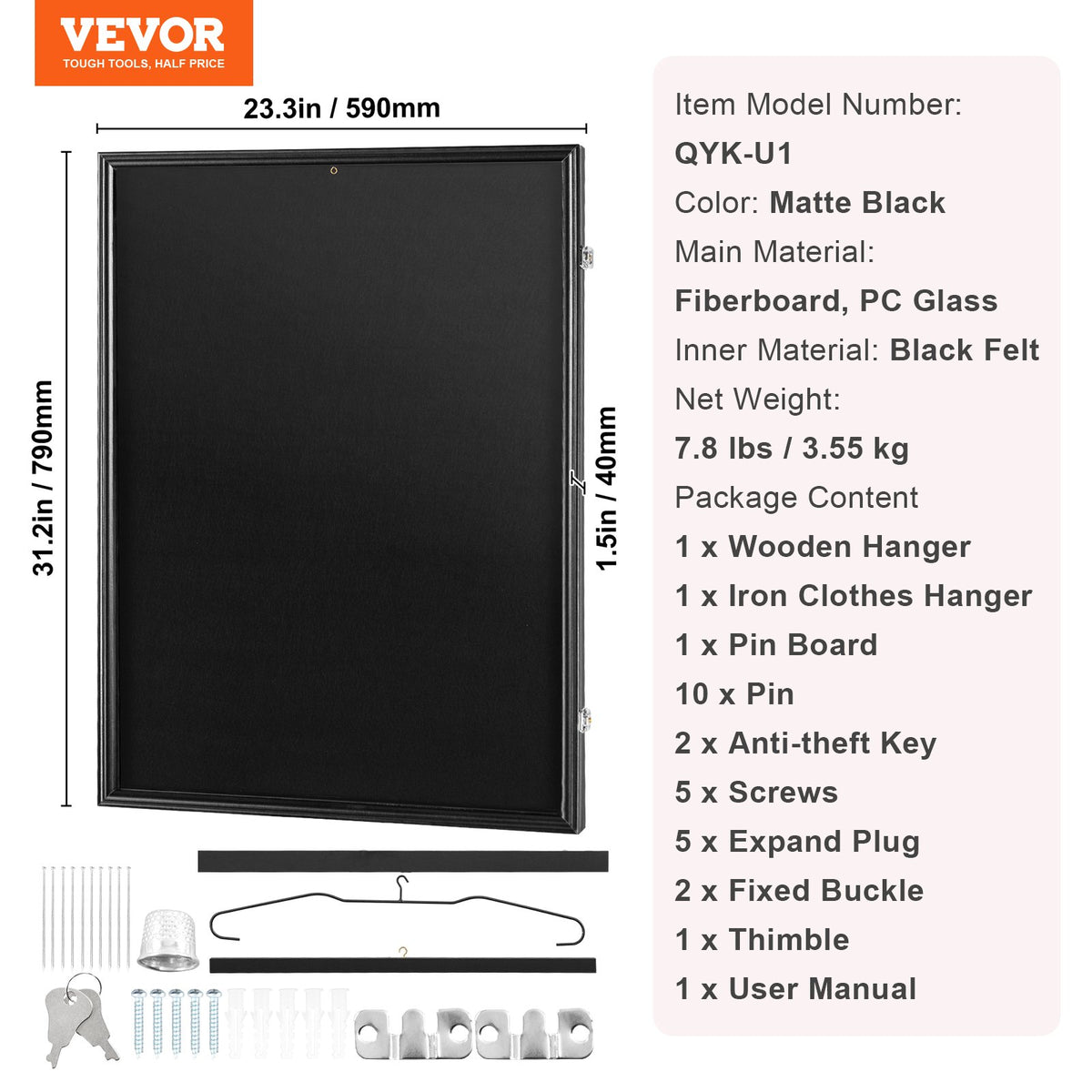 Tröjdisplayram, 590 x 790 x 40 mm (23,3 x 31,2 x 1,5 tum), stor låsbar skugglåda för sporttröjor med 98 % UV-skydd, PC-glas och hängare, för baseboll, basket, fotboll, hockeytröja och uniform