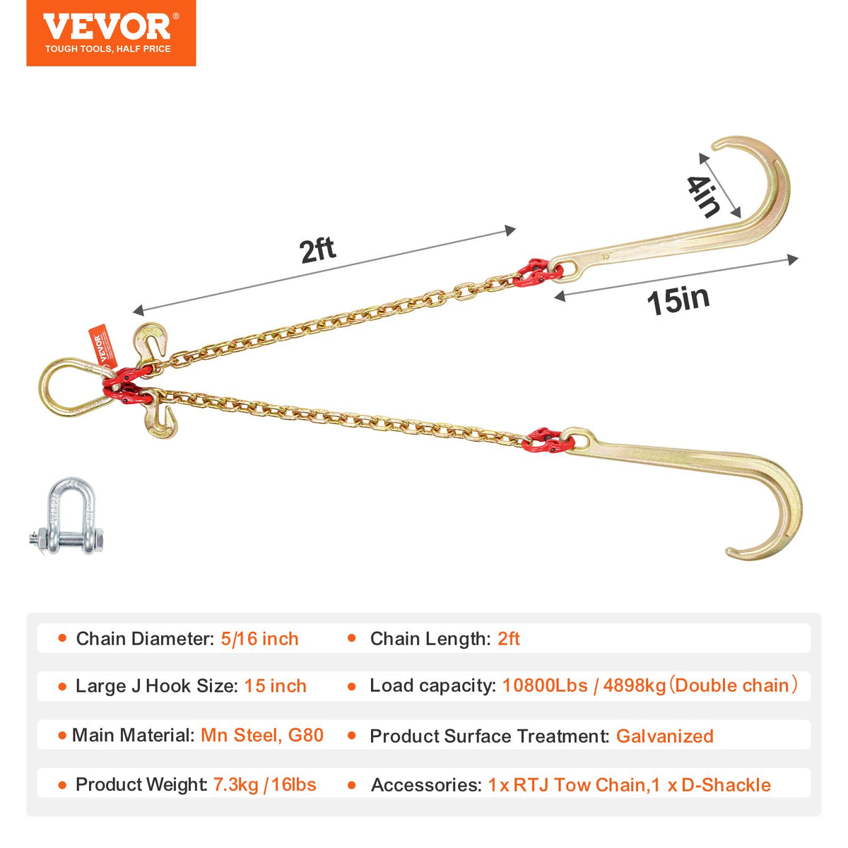 G80 V-kätting, 5/16" x 2' bogserkätting med 15" J-krokar och gripkrokar, dragkätting för kraftig transport med 10800 lbs säker arbetsbelastning för bärgning av lastbilar med plattbädd