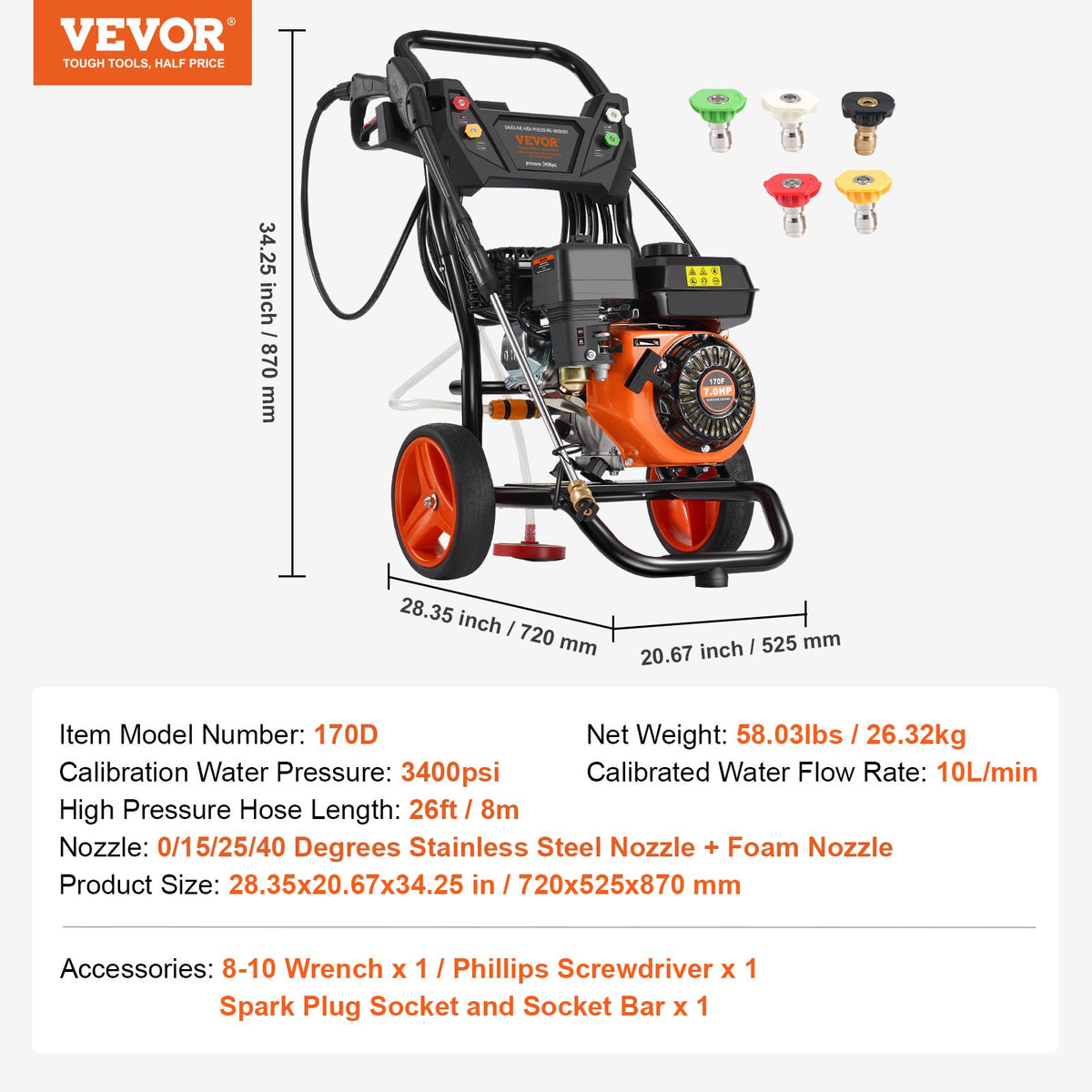 Gasdriven högtryckstvätt, 3400 PSI 2.6 GPM, bensindriven högtryckstvätt 10L/min med aluminiumpump, sprutpistol och förlängningsstav, 5-munstyckssats, för bilar, staket, hem, uppfarter, uteplatser, vertikal