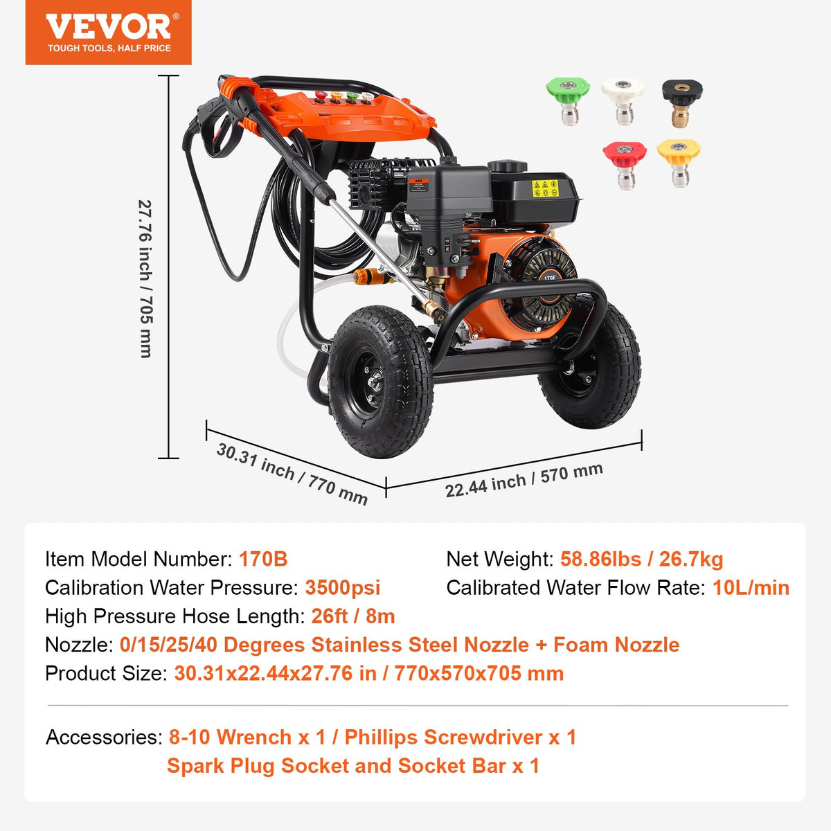 Gasdriven högtryckstvätt, 3500 PSI 10L/min, 2.6 GPM bensindriven högtryckstvätt med aluminiumpump, sprutpistol och förlängningsstav, 5-munstyckssats, för bilar, staket, hem, uppfarter, uteplatser, möbler
