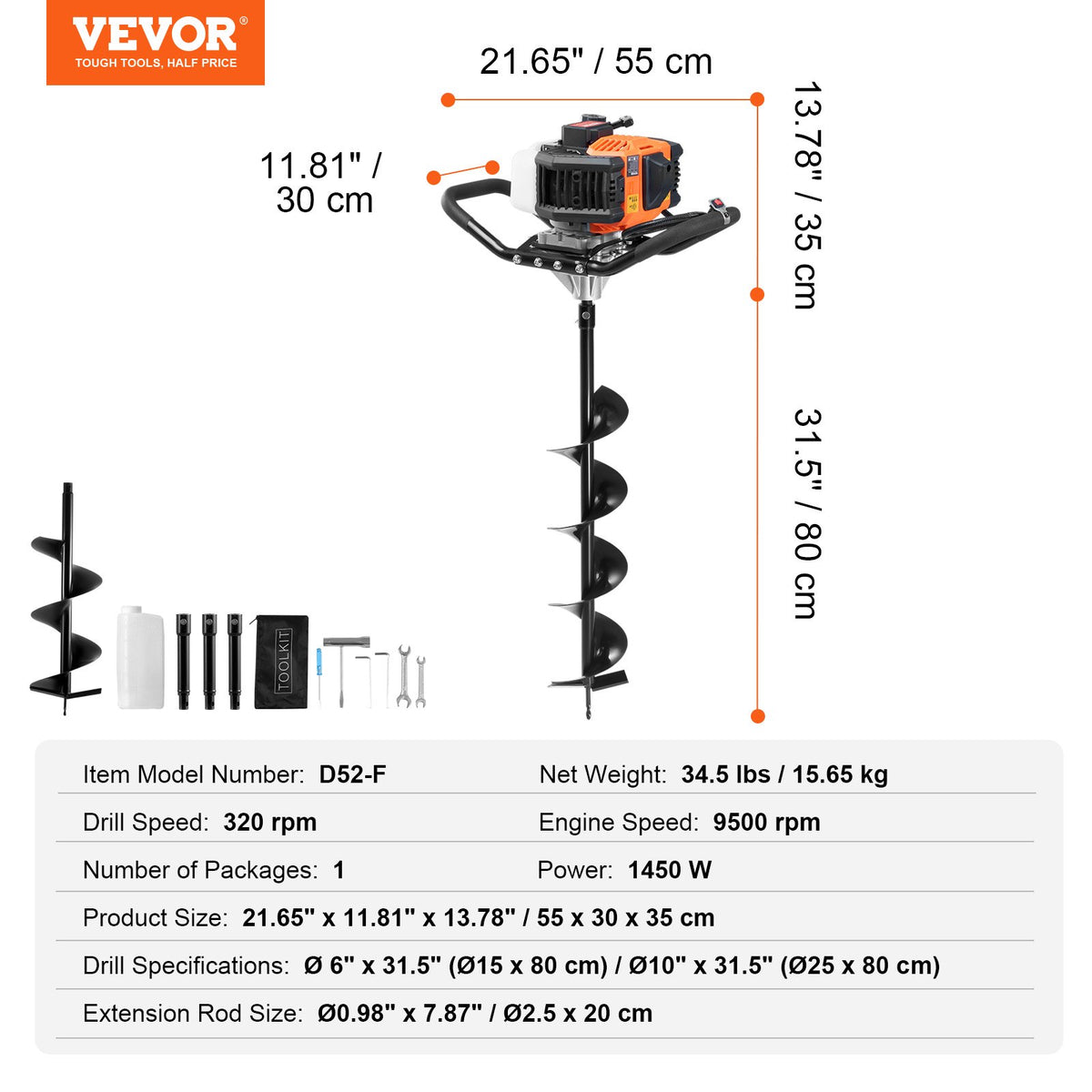 Stolphålsgrävare bensindriven, 52cc 1450W jordborr, bensindriven jordborr med 6” och 10” borrbits och 3 förlängningsstänger, stolphålsgrävare för jordbruksträdgårdsväxter, orange+svart