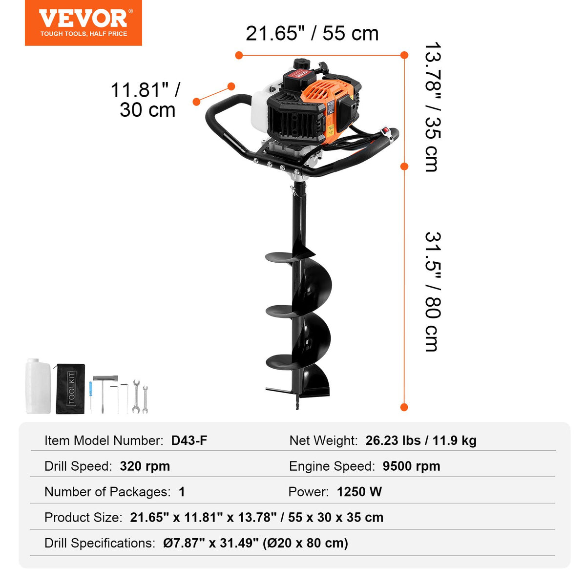 Stolphålsgrävare bensindriven, 43CC 1250W jordborr, bensindriven jordborr med 8” borrbitar, stolphålsgrävare för jordbruksträdgårdsväxter, orange+svart