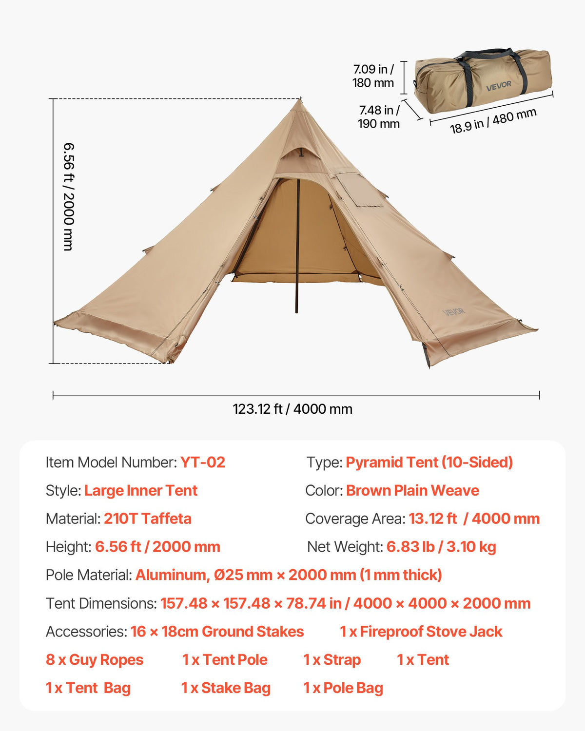 Hot Tent for 4 Persons, Portable Winter Tipi Tent with Stove Jack, Waterproof Canvas Camping Tents, Lightweight 4 Season Shelter Tents for Hiking Fishing Backpacking, M Size