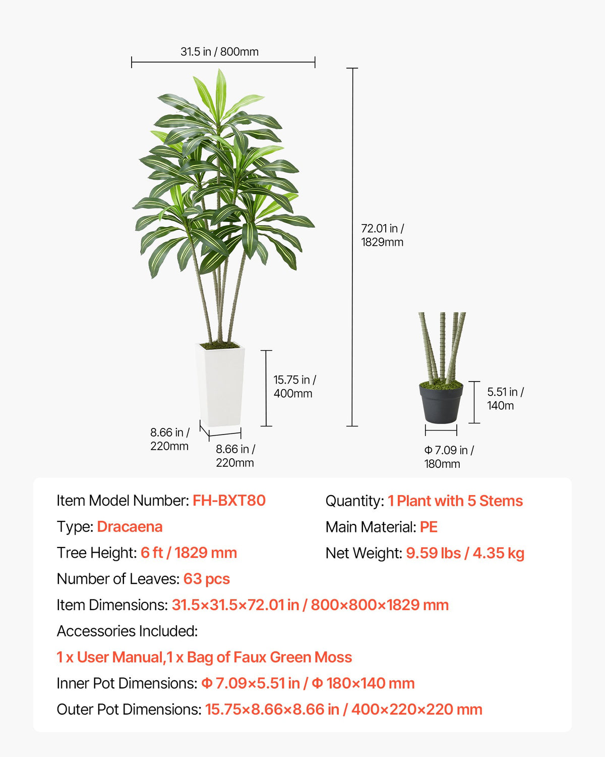 Konstgjord dracaenaträd 1829 mm, Konstgjord palm tropiska växter med vit hög kruka, Konstgjord golvsilkesväxt i kruka, Stora träd för hemmakontor vardagsrumsdekor inflyttningsrum, inomhus utomhus