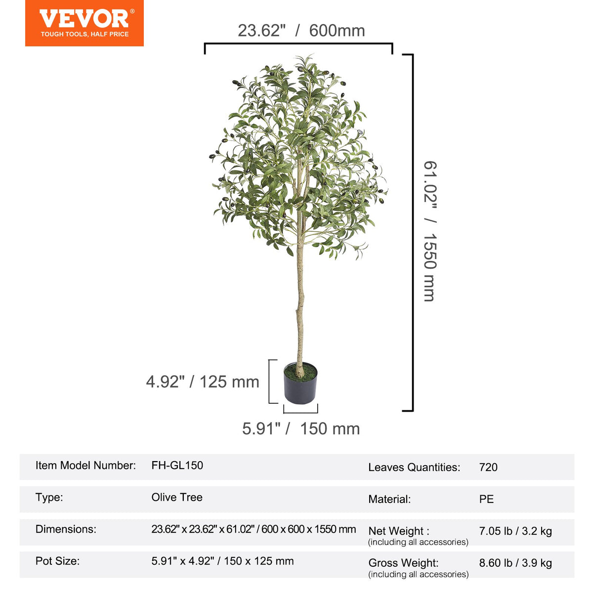 Artificial Olive Tree, 1.5 m Tall Faux Plant, Secure PE Material & Anti-Tip Tilt Protection Low-Maintenance Plant, Lifelike Green Fake Potted Tree for Home Office Warehouse Decor Indoor Outdoor