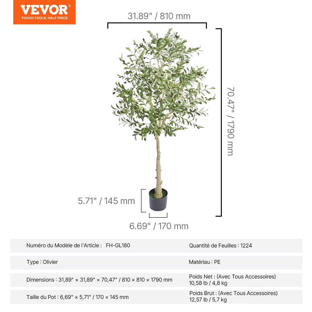 Artificial Olive Tree, 1.8 m Tall Faux Plant, Secure PE Material & Anti-Tip Tilt Protection Low-Maintenance Plant, Lifelike Green Fake Potted Tree for Home Office Warehouse Decor Indoor Outdoor