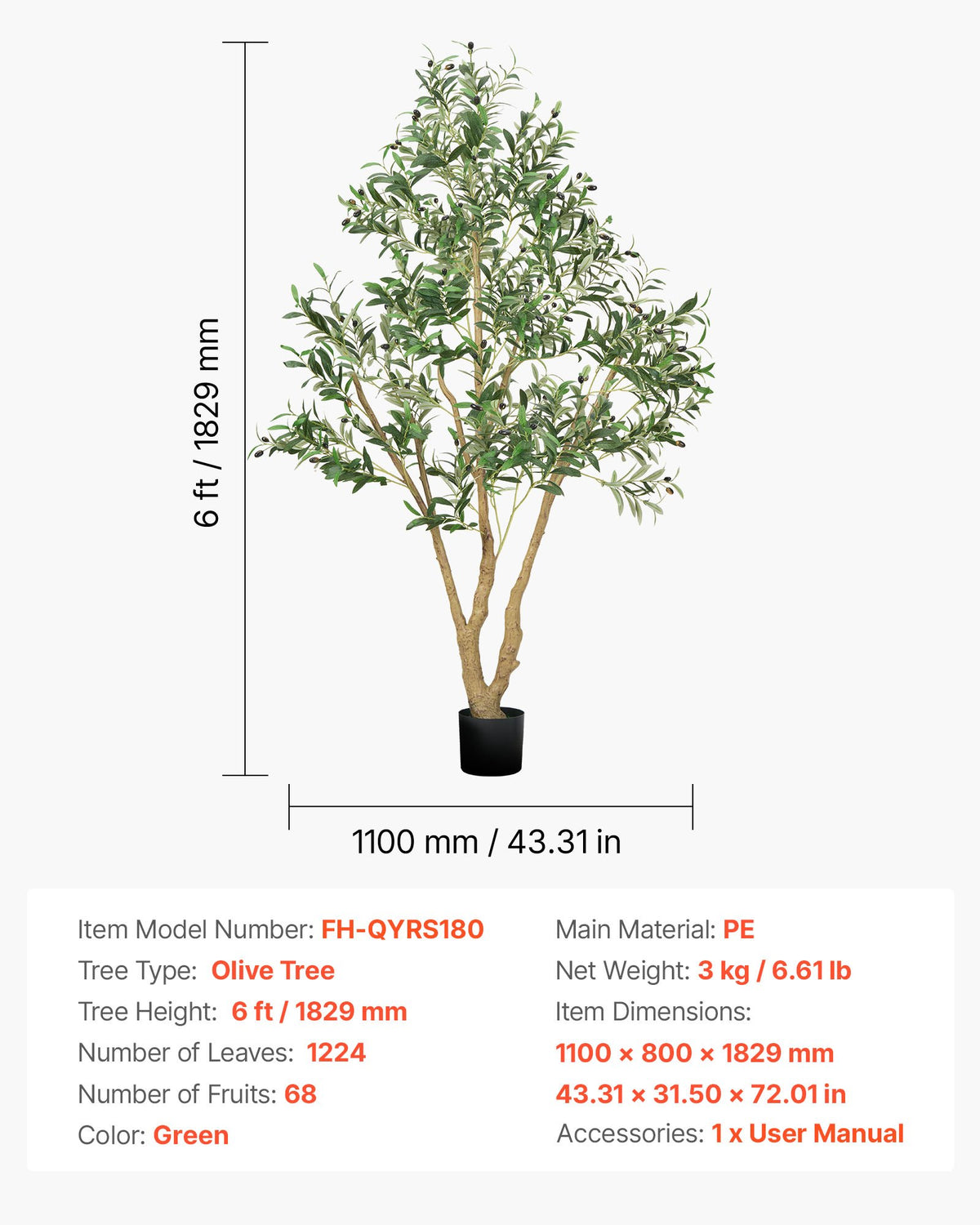 180 cm konstgjort olivträd med svart kruka, högt konstgjort träd med naturlig trästam och realistiska gröna blad och frukter, konstgjord inomhusväxt för hem, kontor, vardagsrum, hörndekor