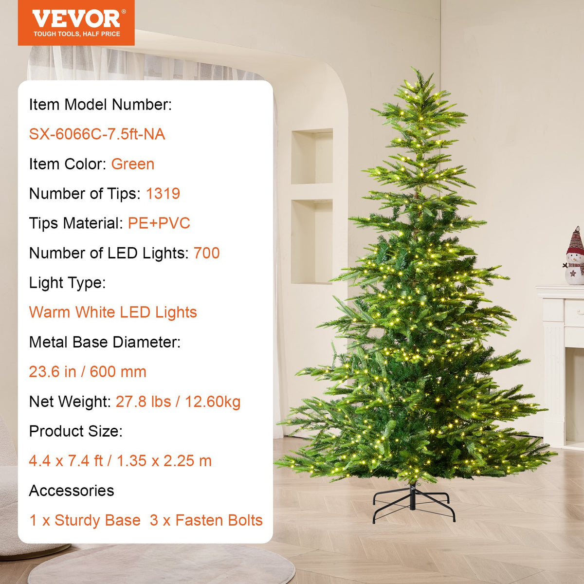 Christmas Tree, 7.5ft Prelit Artificial Xmas Tree, Full Holiday Decor Tree with 700 Warm White LED Lights, 1319 Branch Tips, Metal Base for Home Party Office Decoration