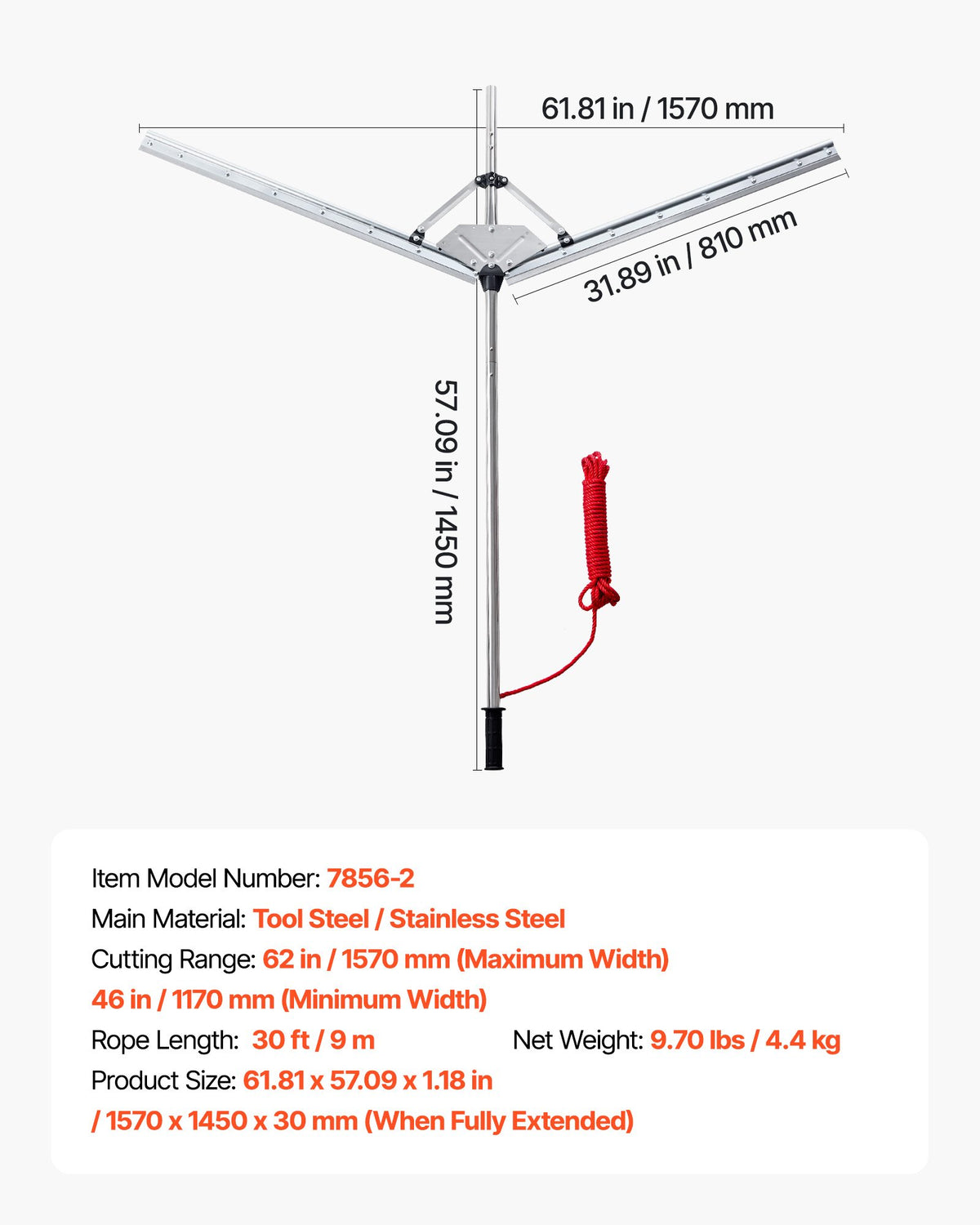 Lake Weed Cutter, Pond Aquatic Plant Cutting Tool with 1.57 m Max. Cut Width, Sharp and Heavy-Duty Steel Blades, Pond Rake with 9 m Throw Rope, for Cattail, Phragmites, Lilly Pads and Chara