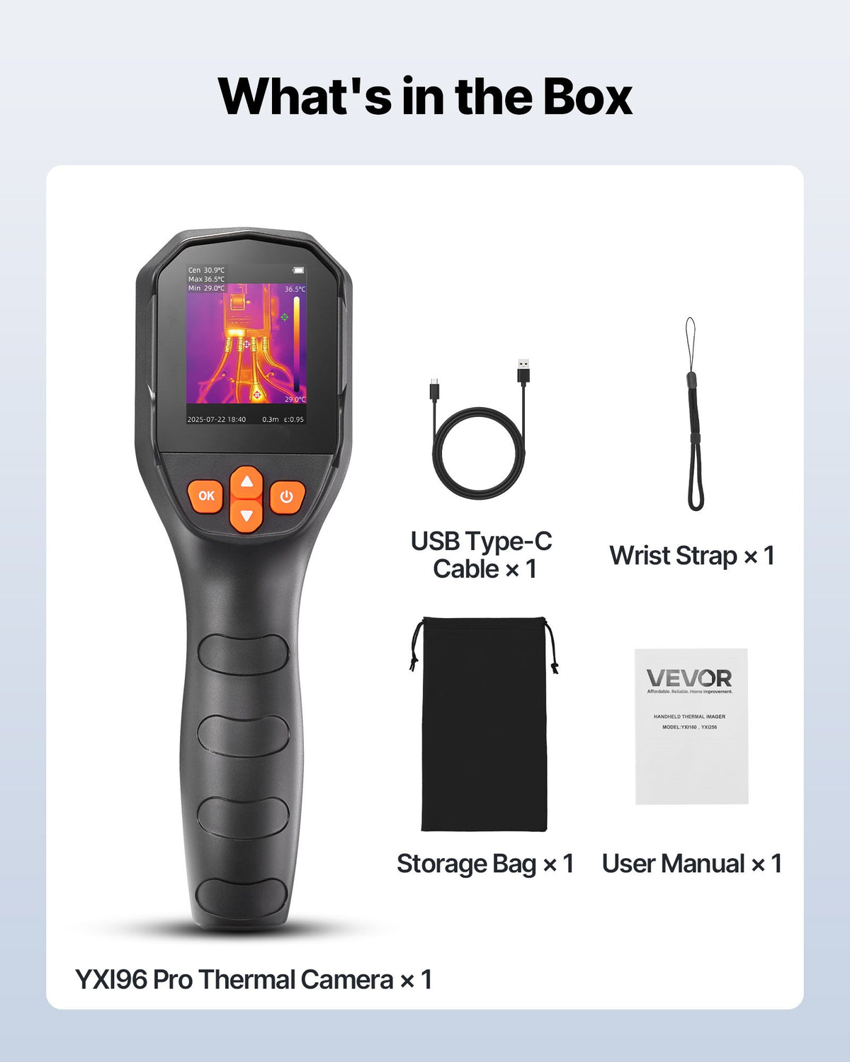 Värmekamera, TISR Super Resolution 240x180, värmekamera med 2MP visuell kamera, 96x96 IR-upplösning, 25 Hz uppdateringsfrekvens, -4°F till 1022°F, 4 bildlägen och 6 färgpaletter