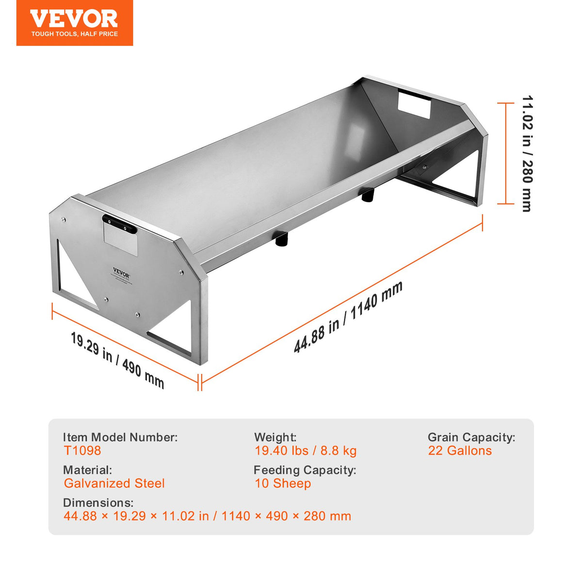 Livestock Feeding Trough, 22 Gallon Capacity, 45" Hay Feeder, Heavy Duty Steel Livestock Trough, Galvanized Steel Sheep Feeder Trough Feeding up to 10 Goats for Horse Sheep Hog Farm Sheds Pen