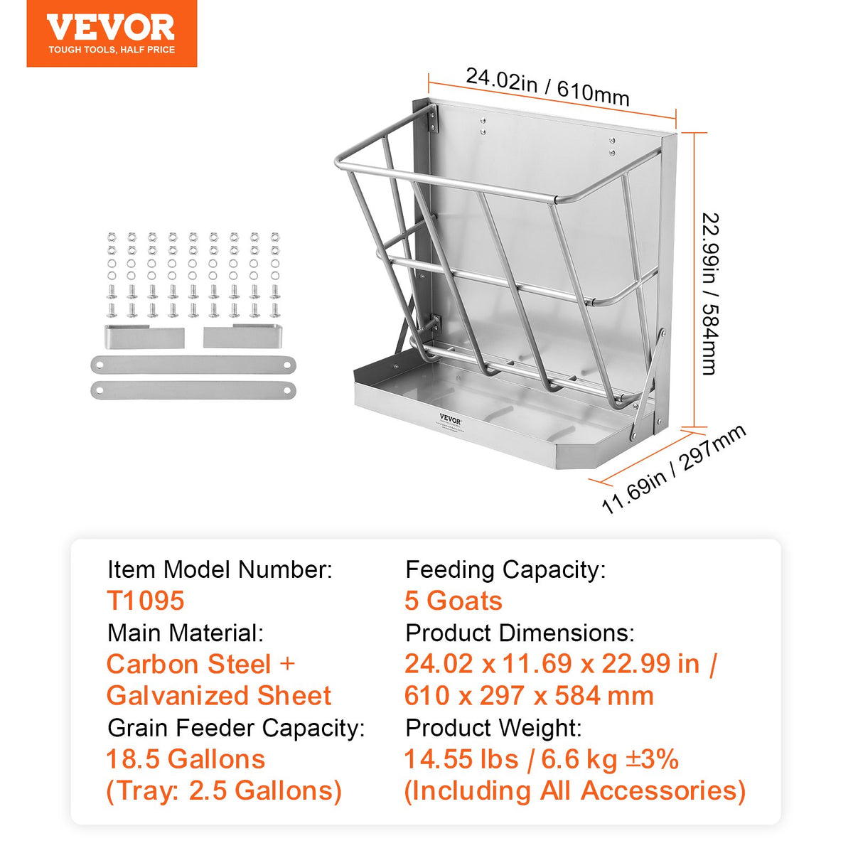 Goat Hay Feeder, 21 Gallons Large Capacity, 2 in 1 Hay and Grain Feeder, Wall Mounted Livestock Feeder with Feed Tray, Multiple Sided Goat Hay Rack, Sturdy Steel Hay Rack for Sheep Horses