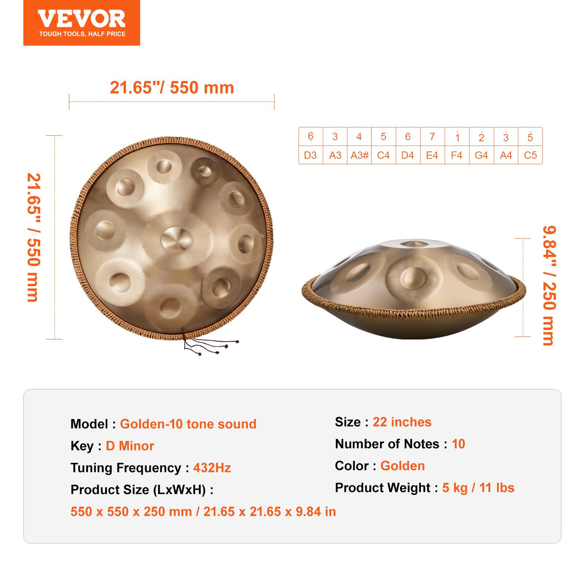 Handpan Drum 55.9 cm 10 Notes D Minor Hand Drum Instrument with Mallet