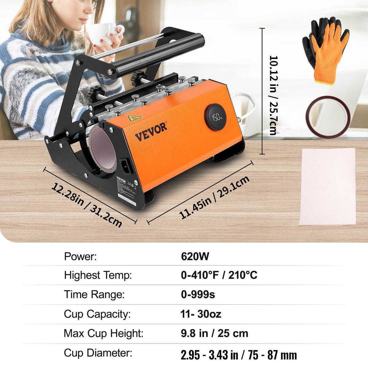 Mug Heat Press, 850.5 g Tumbler Heat Press Machine, Sublimation Transfer 311.84-425.2 g 453.59-708.7 g 850.5 g Straight Skinny Tumblers, Cup Heat Press with Heat-resist Gloves & Tape, DIY Ceramic Mugs Cups Glasses