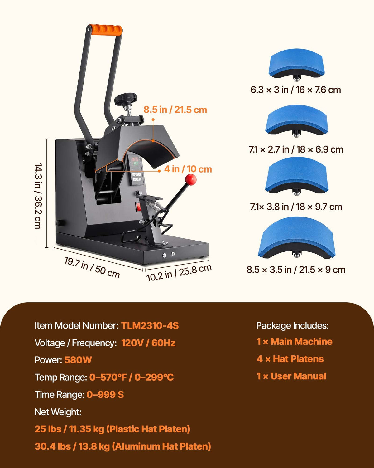 Hat Heat Press, 4-in-1 Cap Heat Press Machine, 15.24 x 7.6 cm Clamshell Sublimation Transfer, LCD Digital Timer Temperature Control with 4pcs Curved Heating Elements (15.24 x 7.6/17x6.86/17x6.86/20.57x8.89 cm)