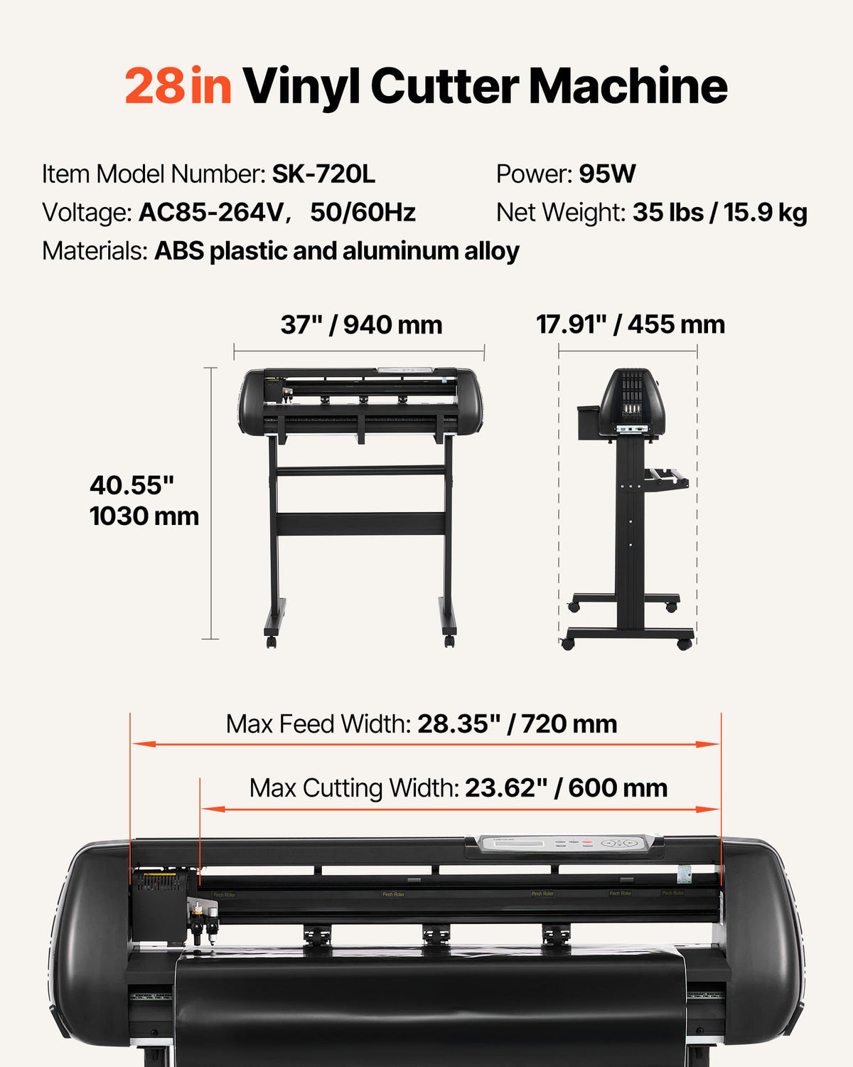 Vinylskärmaskin, 720 mm max matningsbredd, dubbla blad, justerbar kraft och hastighet, LED-display, vinylplotterskärare med Signmaster-programvara för kompatibel med Windows och macOS