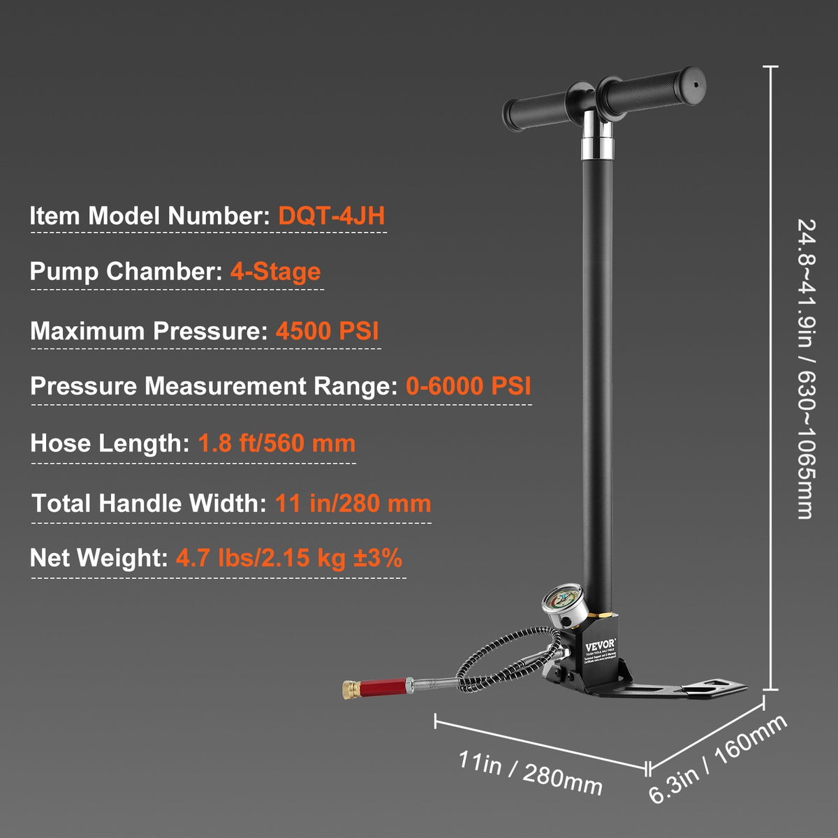 PCP handpump, 4 steg, 30 MPa 4500 PSI högtryckspump för PCP-luftgevär med olje- och fuktfiltertrycksmätare, rostfritt stål för luftgevär, dykflaska, paintballfyllning, däck