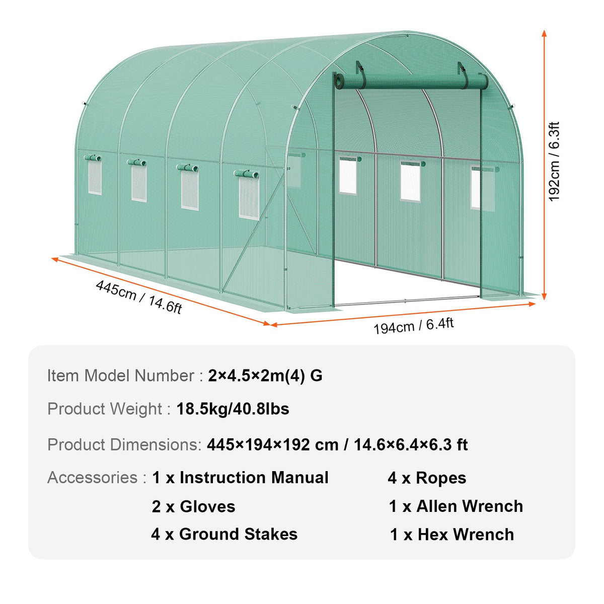 Walk-in Tunnel Greenhouse, 14.6x6.4x6.3 ft Hoop House Greenhouse Tunnel, Plant Hot House with Galvanized Steel Frame, Green PE Cover, Roll-up Zipper Door and 8 Windows for Outdoor