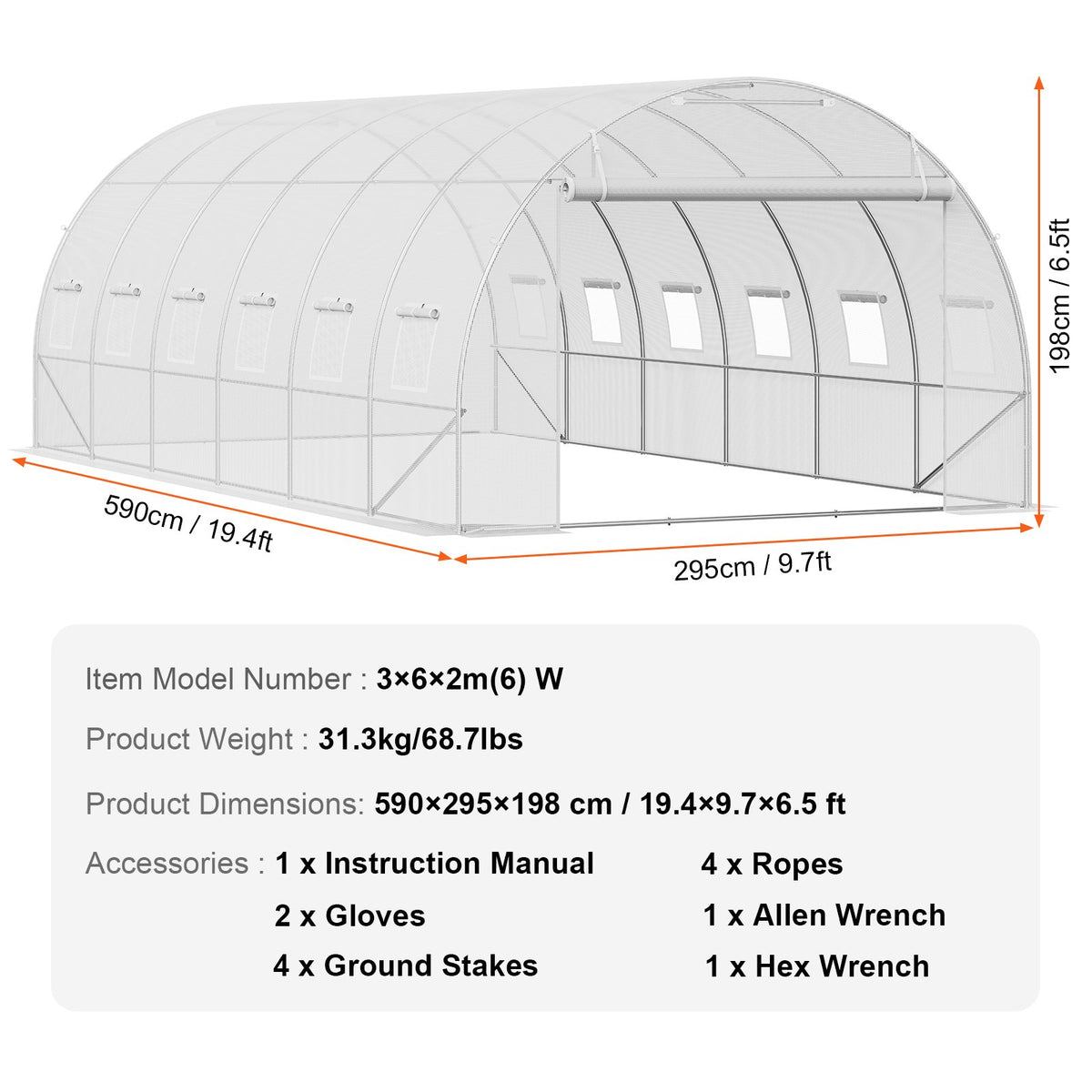 Walk-in Tunnel Greenhouse, 19.4x9.7x6.5 ft Hoop House Greenhouse Tunnel, Plant Hot House with Galvanized Steel Frame, White PE Cover, Roll-up Zipper Door and 12 Windows for Outdoor
