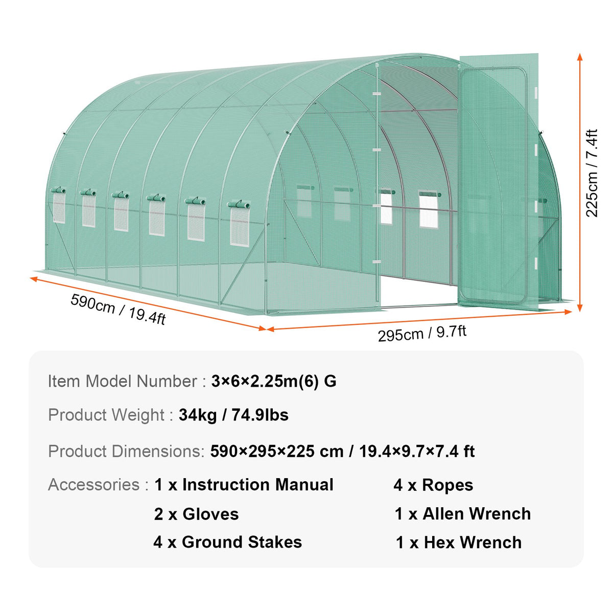 Walk-in tunnelväxthus, 19,4x9,7x7,4 fot Hoop House växthustunnel, växthus med galvaniserad stålram, grönt PE-lock, svängdörr och 12 rullfönster för utomhusbruk